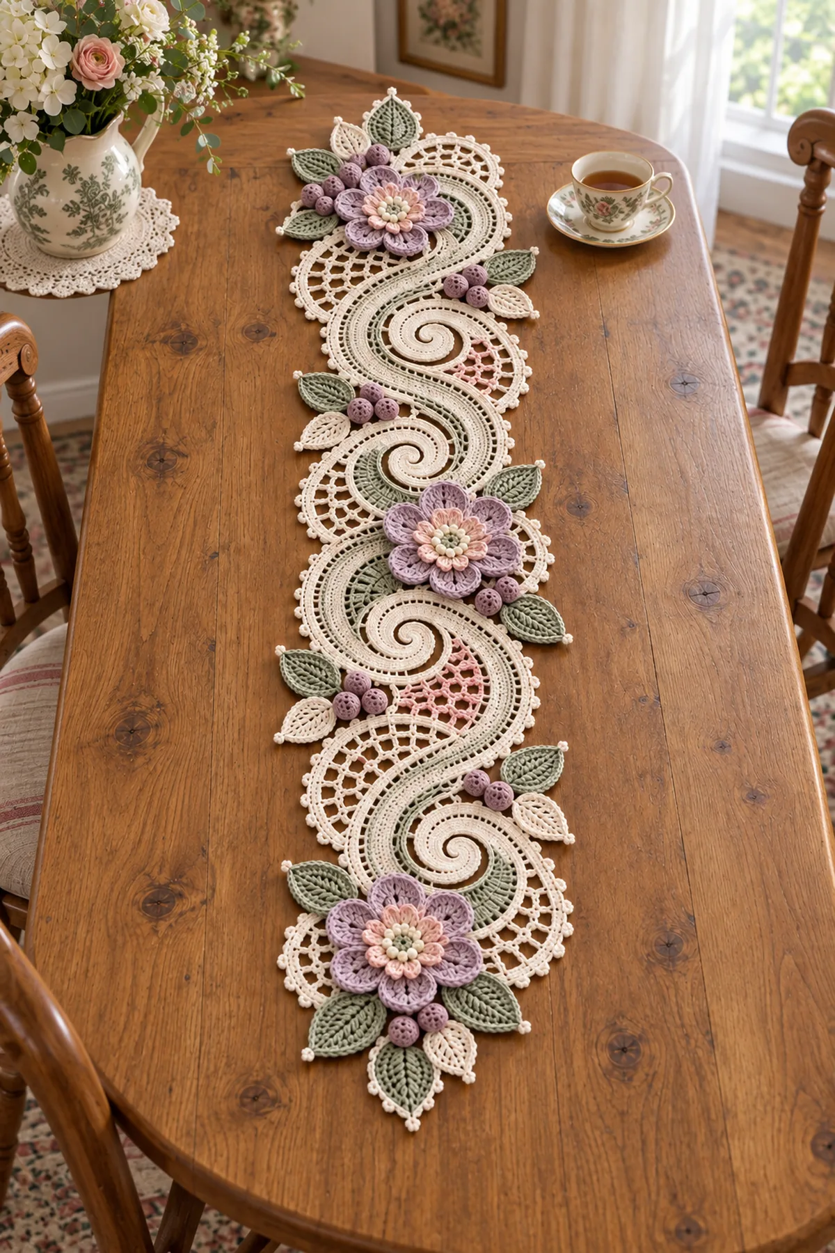 Vintage floral spiral lace crochet table runner styled on a warm wooden dining table