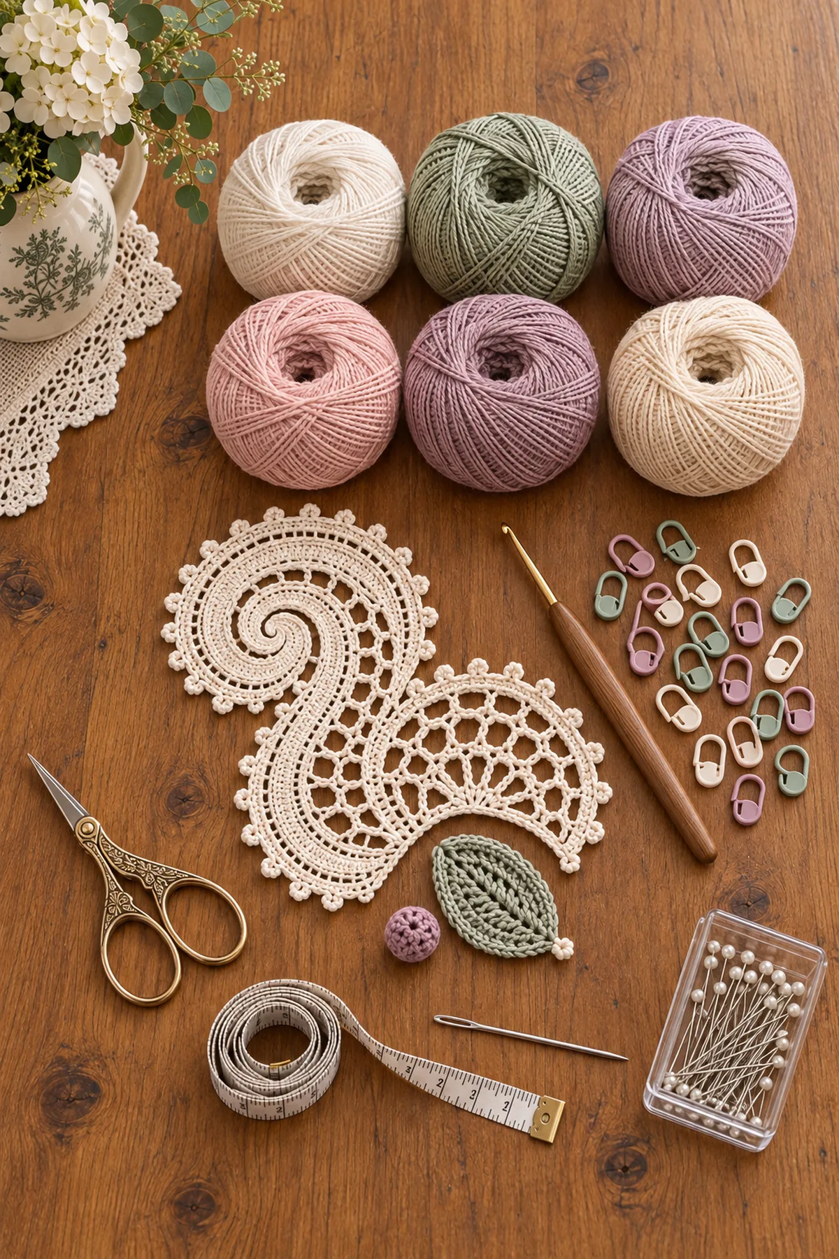 Ivory sage lilac blush mauve and warm cream cotton yarn with hook markers needle scissors tape and blocking pins