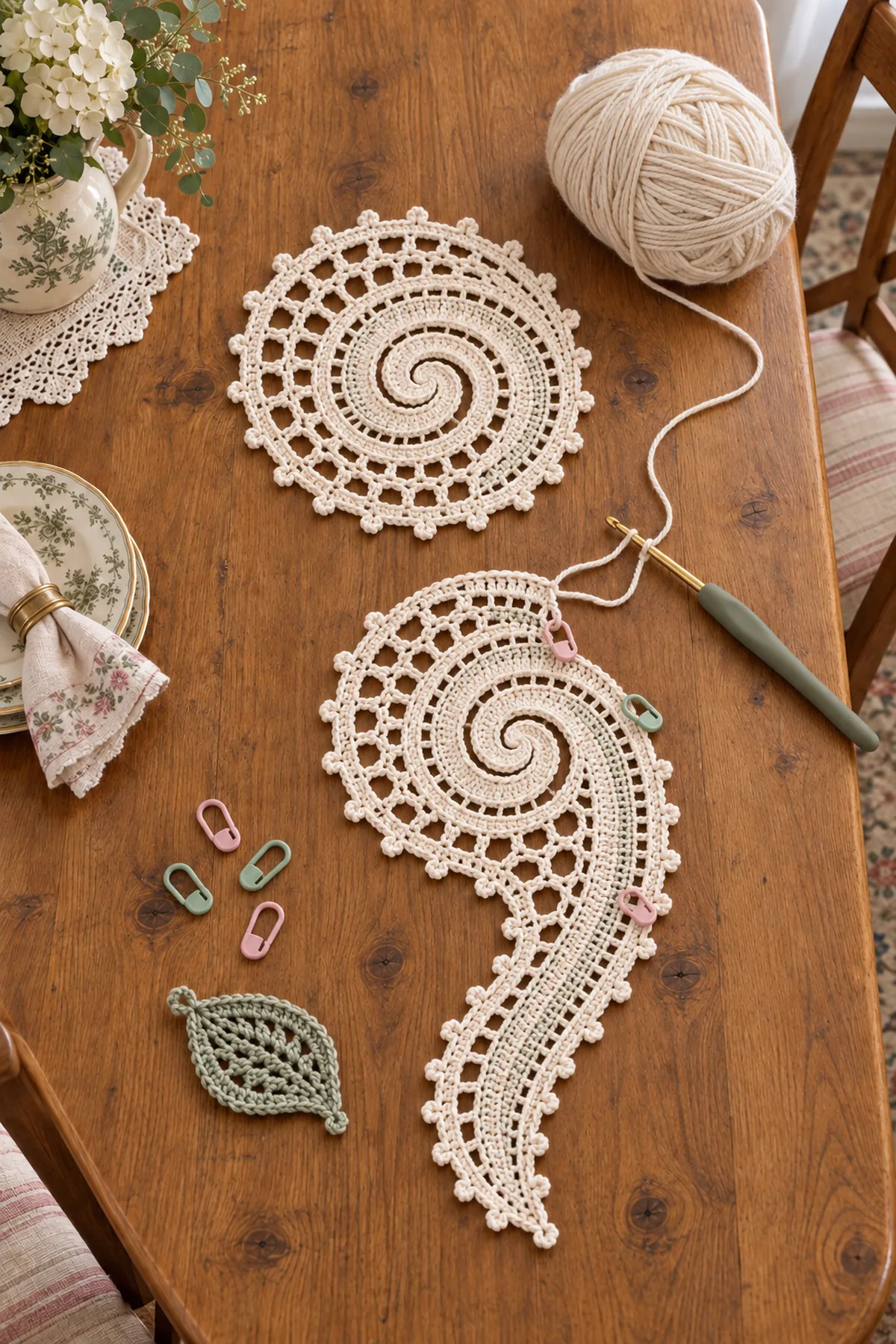 Ivory crochet spiral centers with tapered paisley tails in counted construction stages