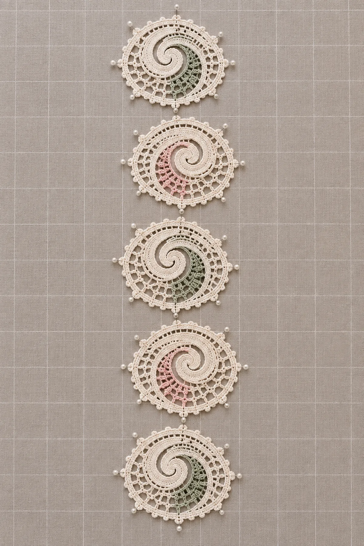 Five blocked spiral-paisley medallions with alternating sage and blush insets arranged before floral assembly