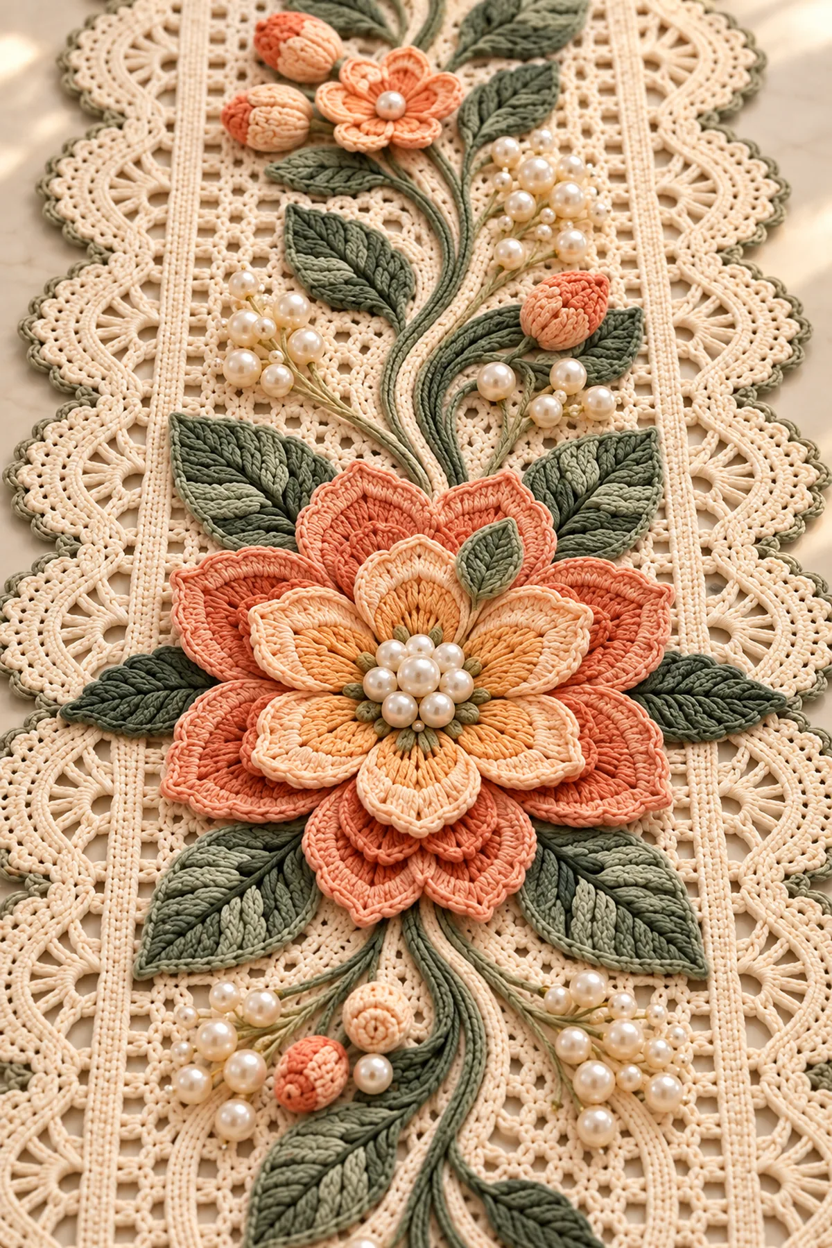 Close-up of layered peach crochet flower cream puff center sage ribbed leaves curling vine pearl accents and ivory lace