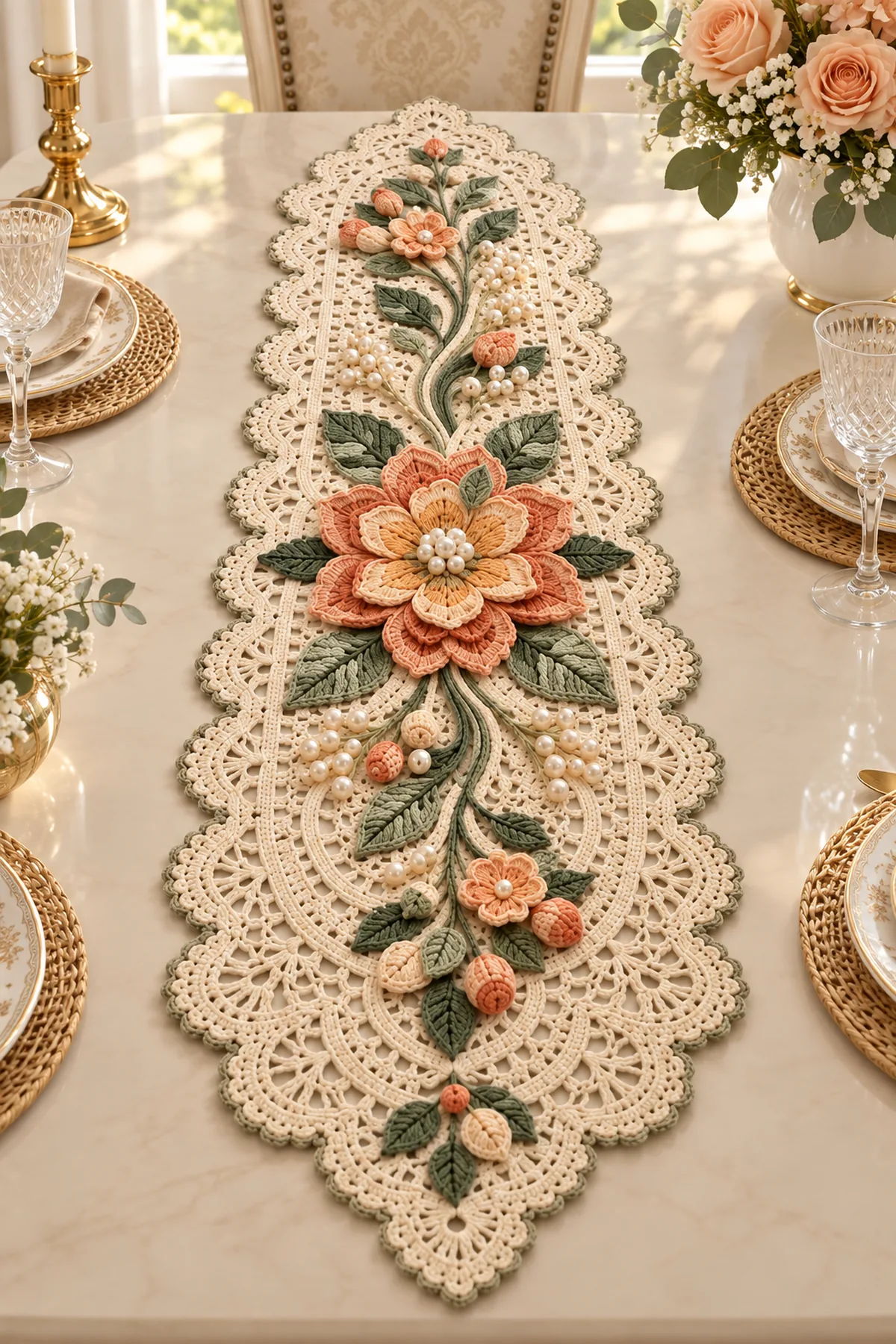 Vintage ivory lace crochet table runner with layered peach flowers sage leaves curling vine pearl accents and scalloped edges