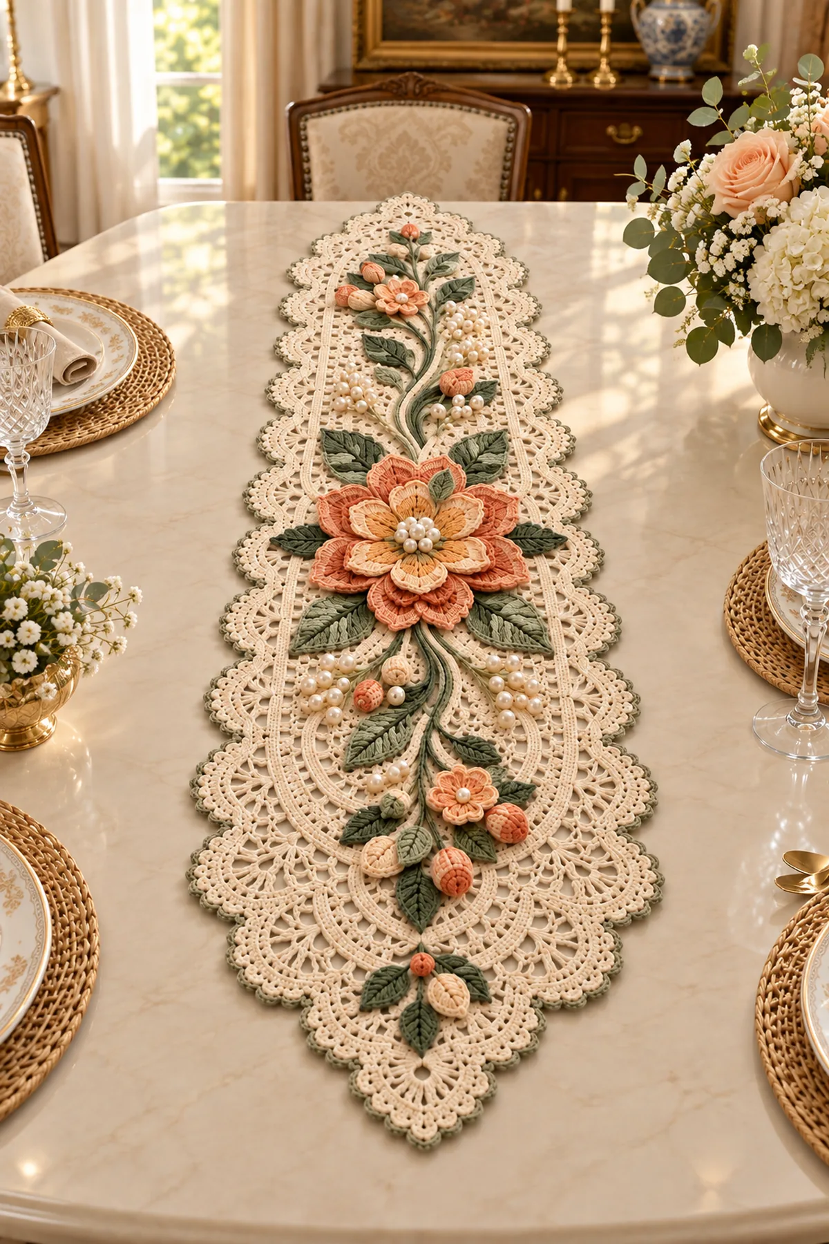 Vintage peach flower crochet table runner styled on an elegant cream dining table
