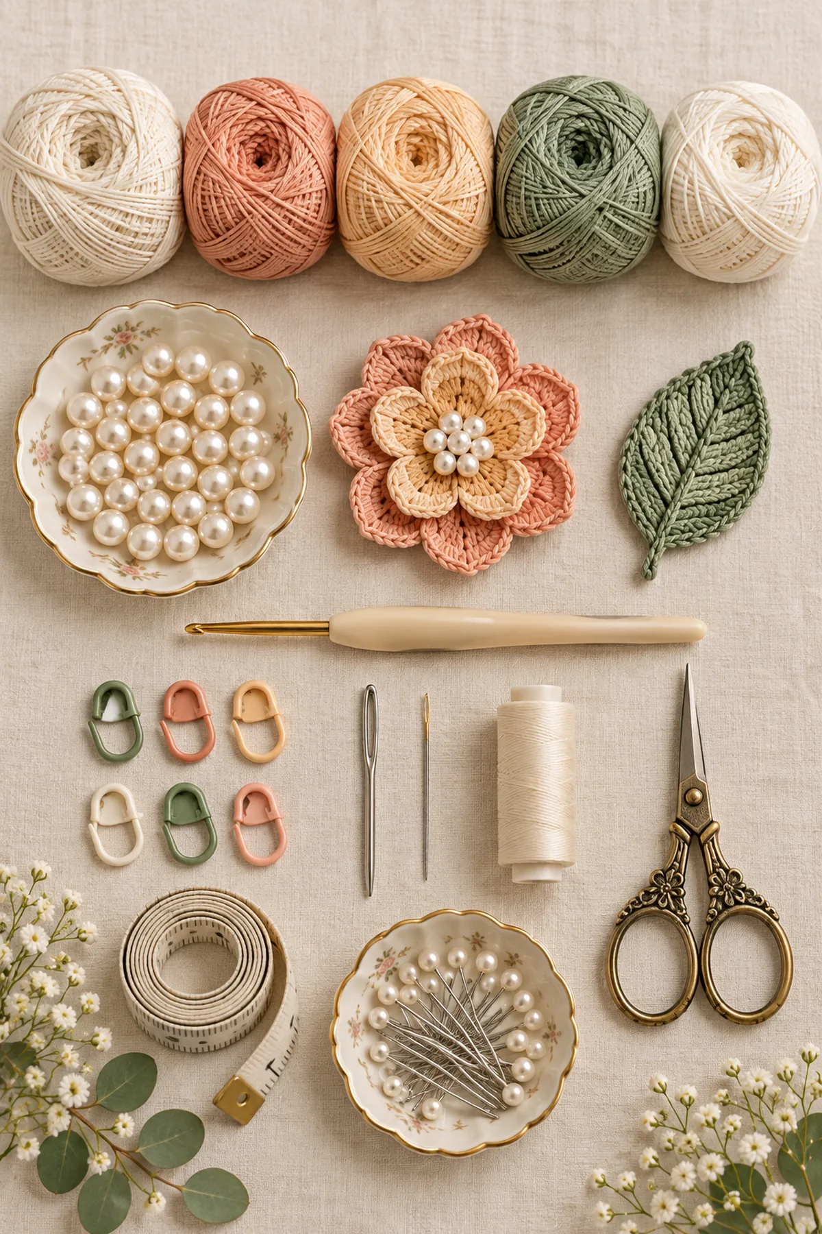 Ivory peach apricot sage and cream sport cotton with pearls hook markers needles scissors tape and blocking pins