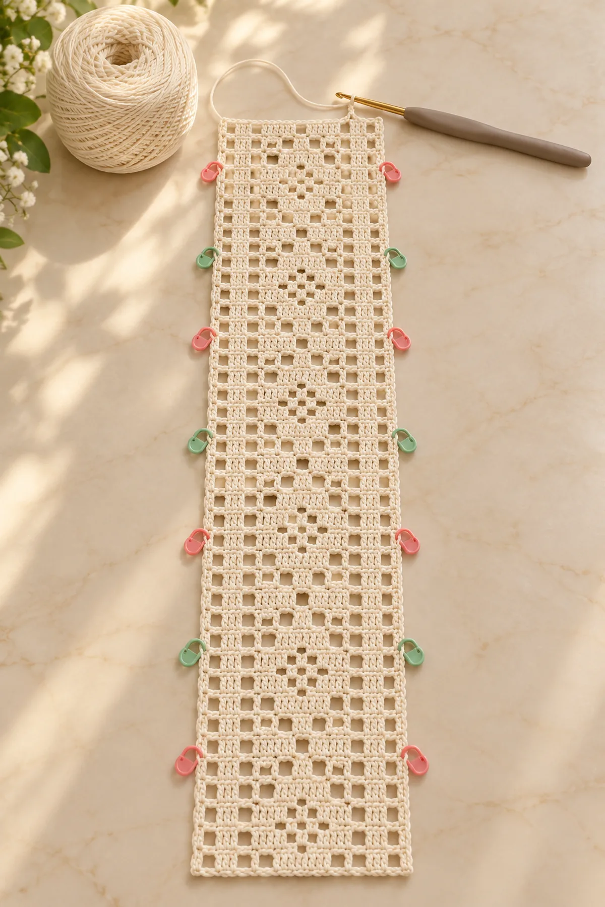Early ivory 73-position filet lace panel for the vintage peach flower table runner