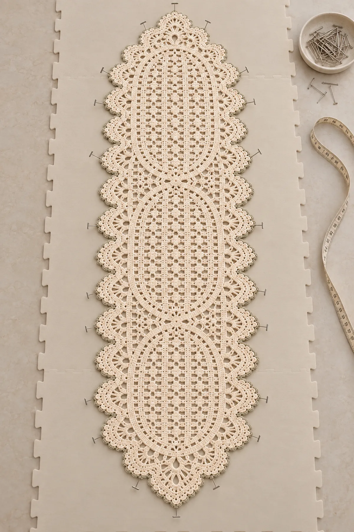 Blocked ivory three-oval lace runner base with deep scalloped shell and picot edging before decoration