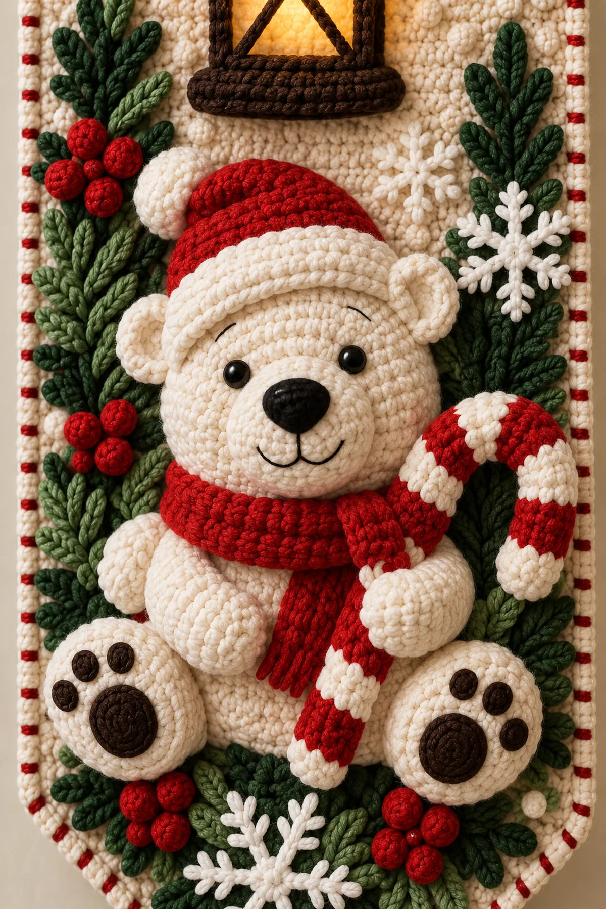 Close view of cream crochet bear face red Santa hat scarf candy cane paw pads and evergreen berries