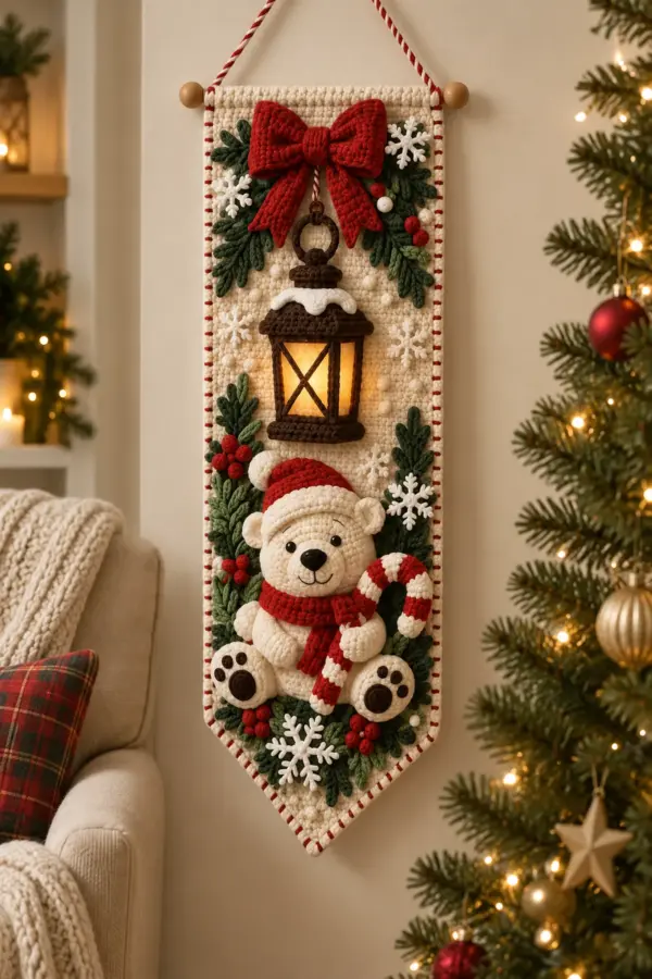 Pointed cream Christmas bear crochet wall hanging with red bow lantern Santa hat candy cane greenery berries and snowflakes