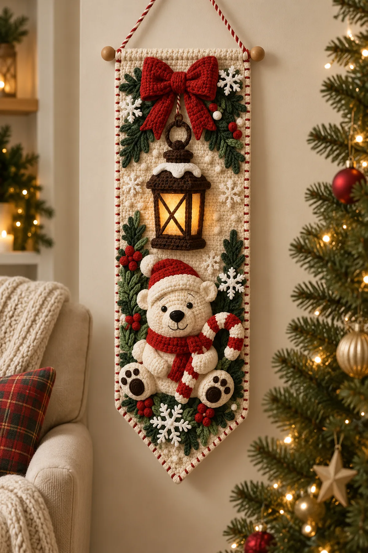 Pointed cream Christmas bear crochet wall hanging with red bow lantern Santa hat candy cane greenery berries and snowflakes