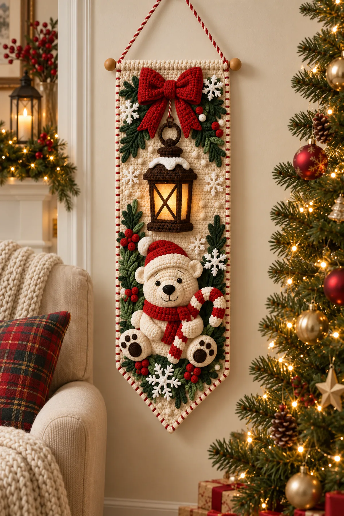 Finished Christmas bear crochet wall hanging displayed beside a decorated Christmas tree
