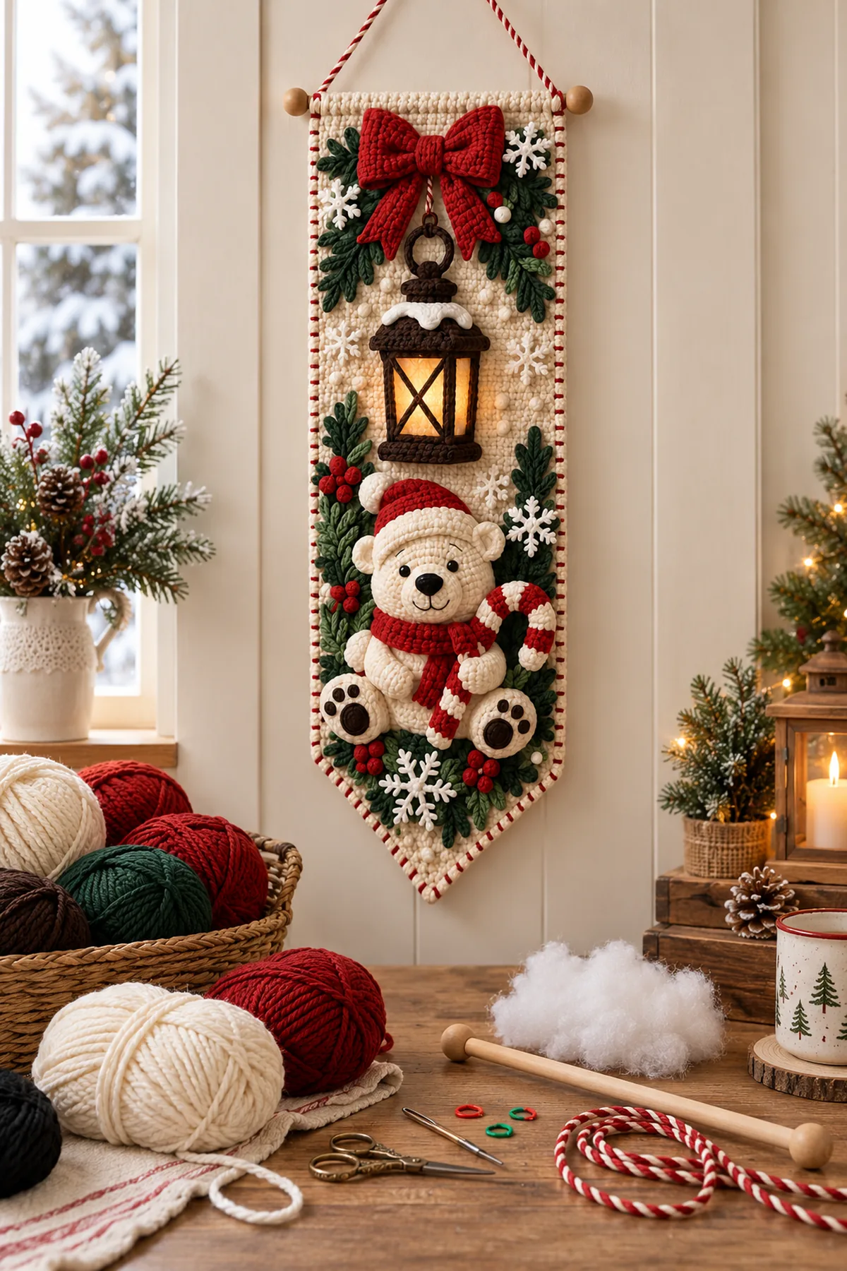 Cream red green brown gold and black yarn with hook wooden dowel twisted cord needle scissors and blocking tools