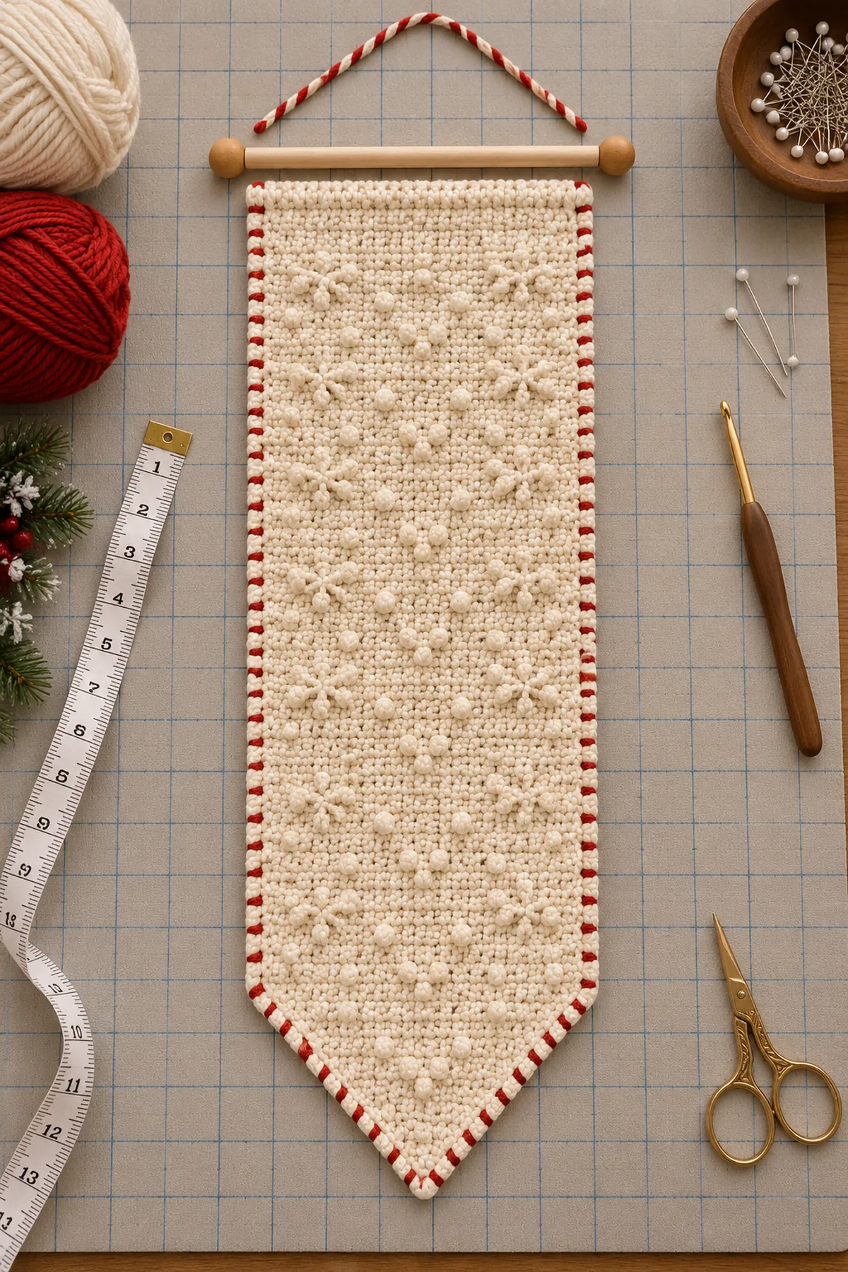 Cream textured crochet banner with candy-stripe border and centered pointed lower end