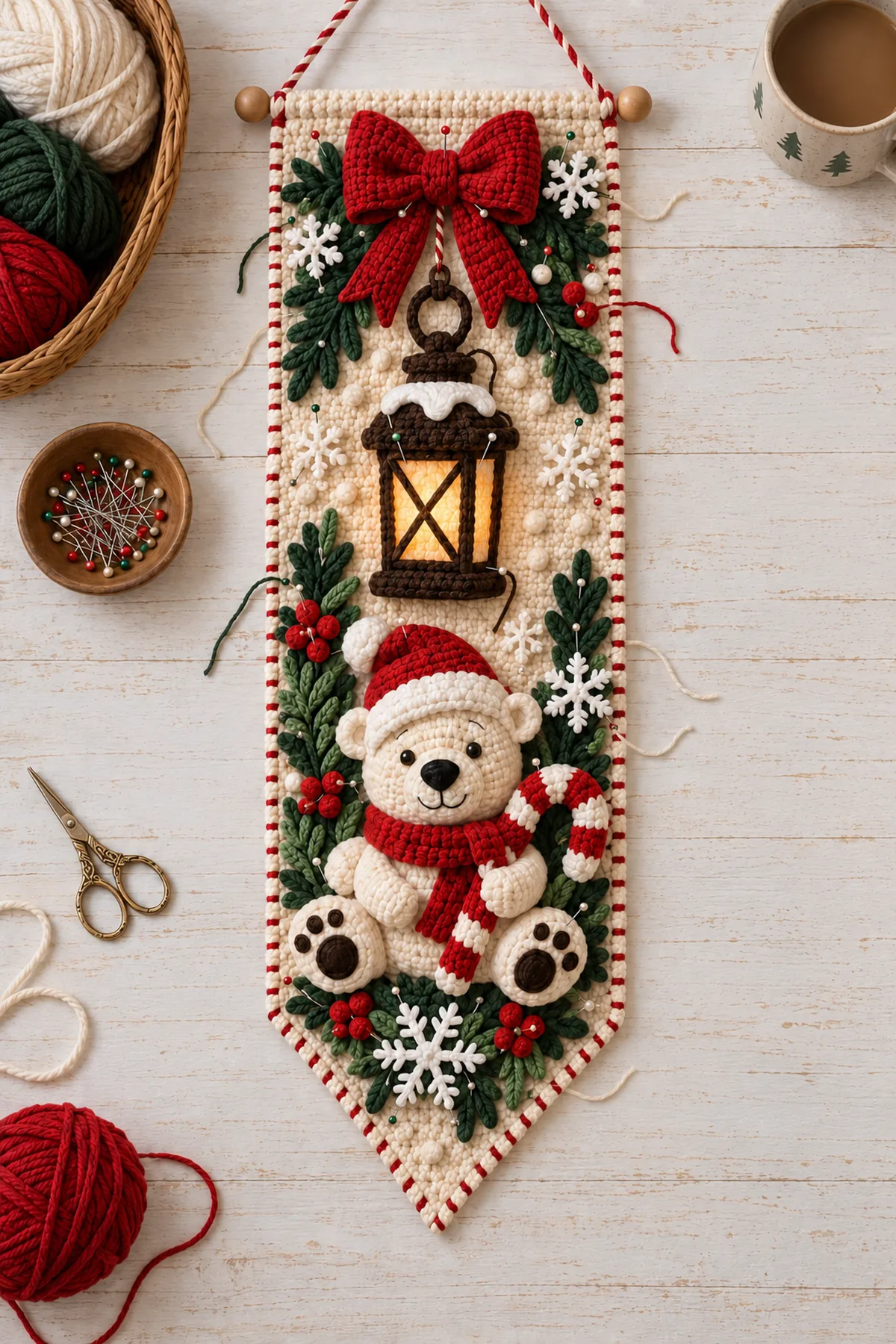 Red bow lantern seated bear candy cane evergreen berries and snowflakes arranged on the cream banner before sewing