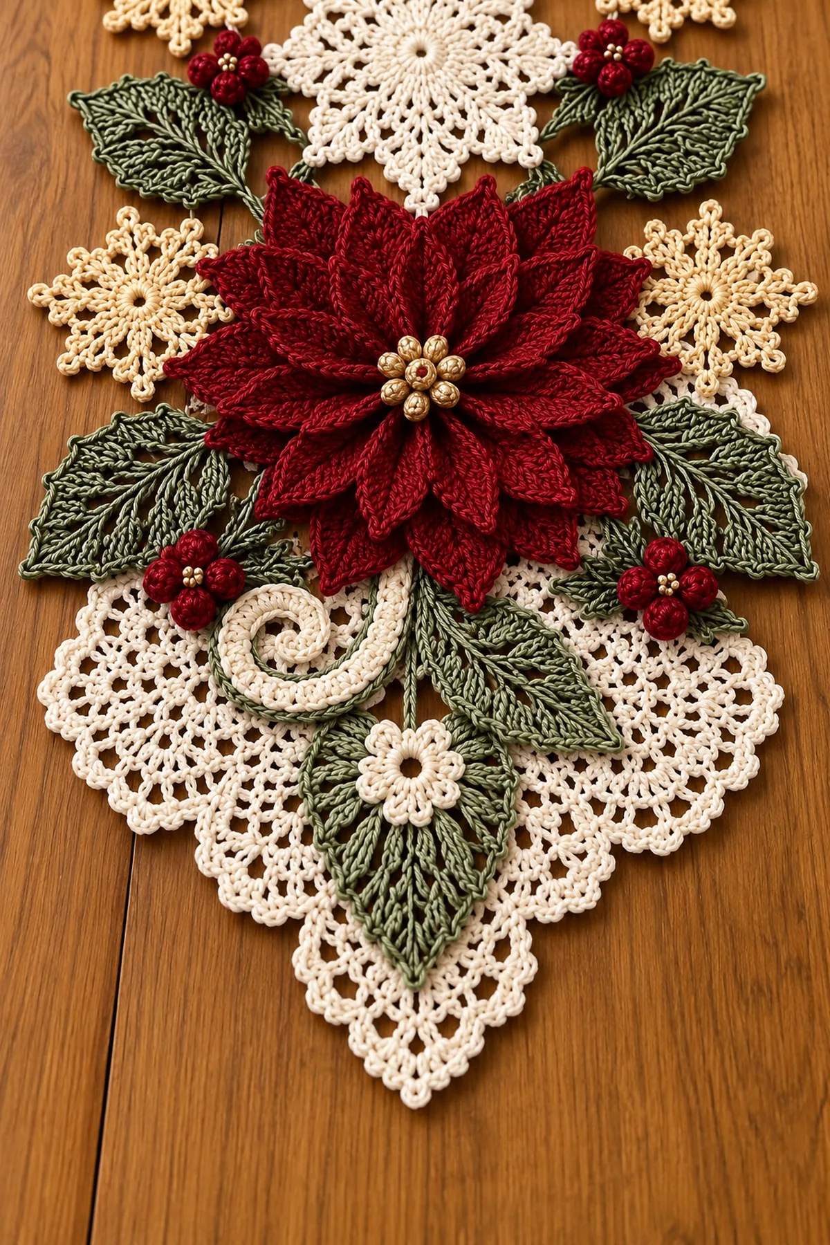 Close view of ivory snowflake point burgundy poinsettia petal sage leaf vein cranberry berries and cream lace scroll
