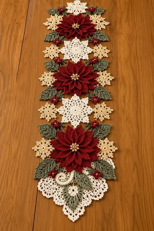 Reference-matching Christmas crochet runner with three large ivory snowflakes three burgundy poinsettias and a lower lace flourish