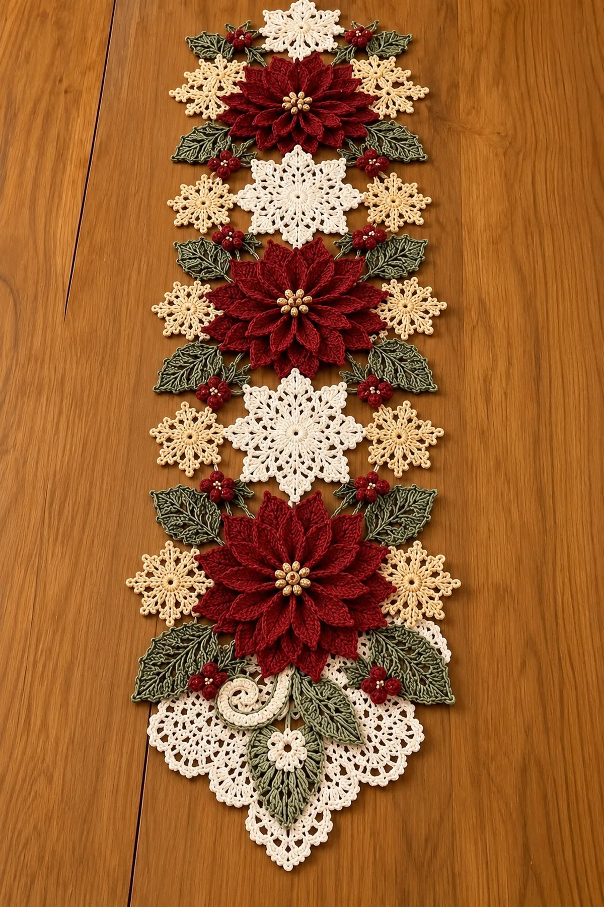Reference-matching Christmas crochet runner with three large ivory snowflakes three burgundy poinsettias and a lower lace flourish