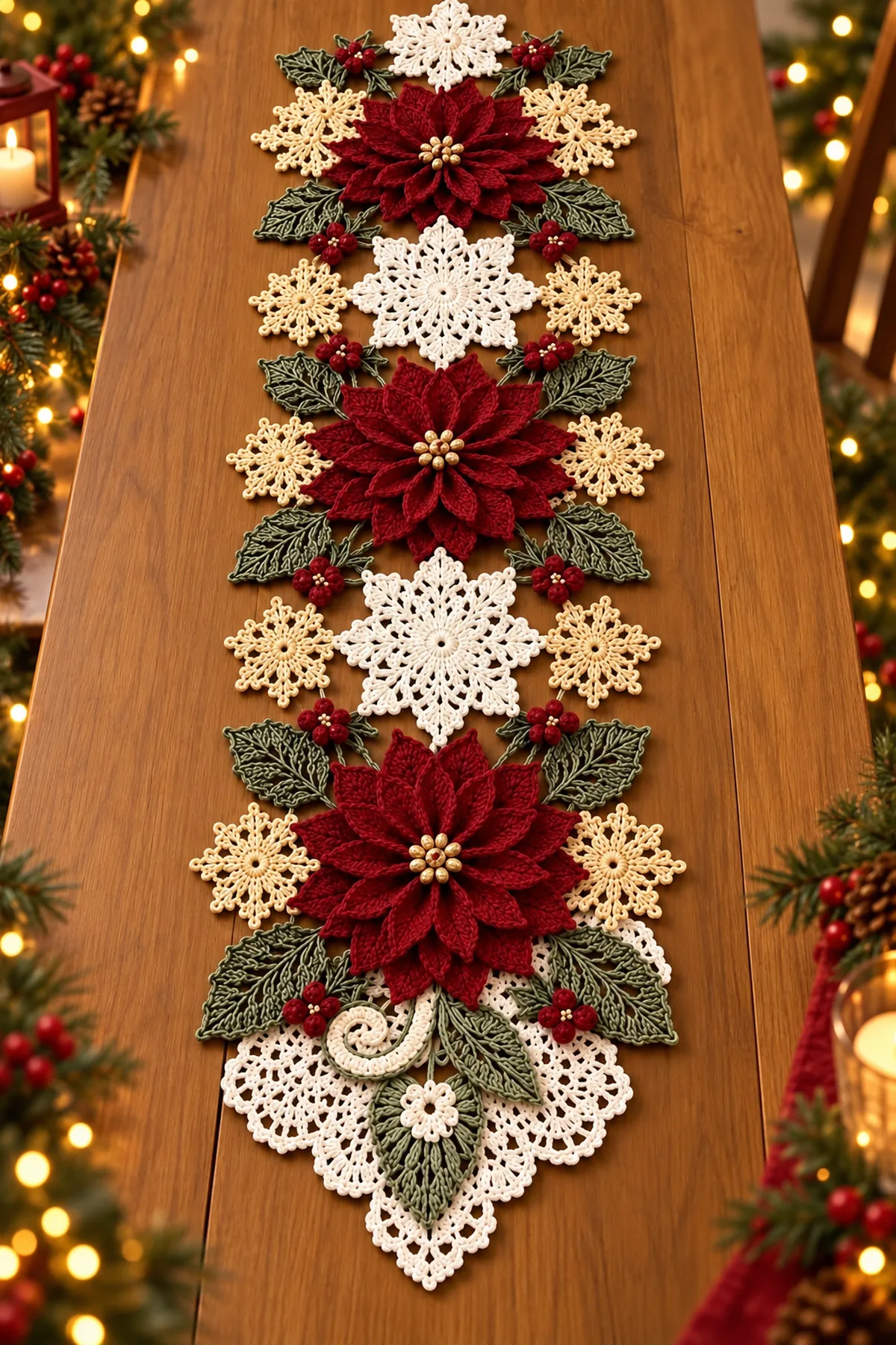 Finished reference-matching Christmas snowflake and poinsettia crochet runner with asymmetrical lower lace flourish