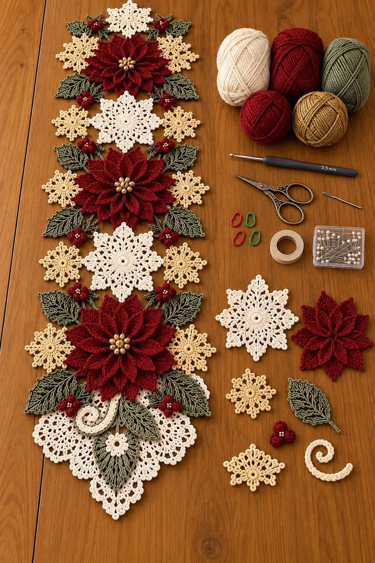 Ivory burgundy sage cranberry and gold yarn with hook markers needle scissors and blocking tools for the Christmas runner