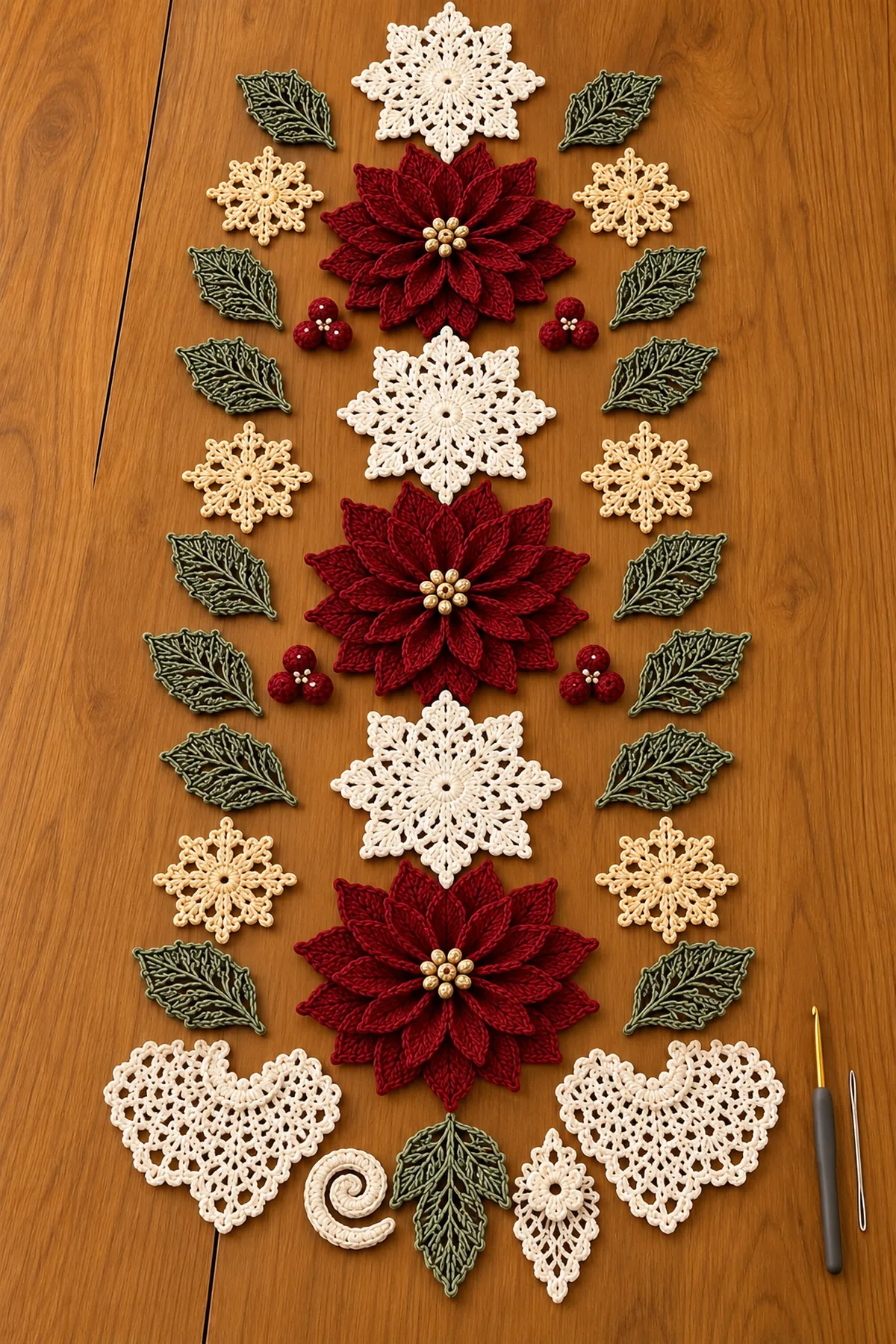 Three large and six small ivory snowflakes beside three layered burgundy poinsettias and sage accents