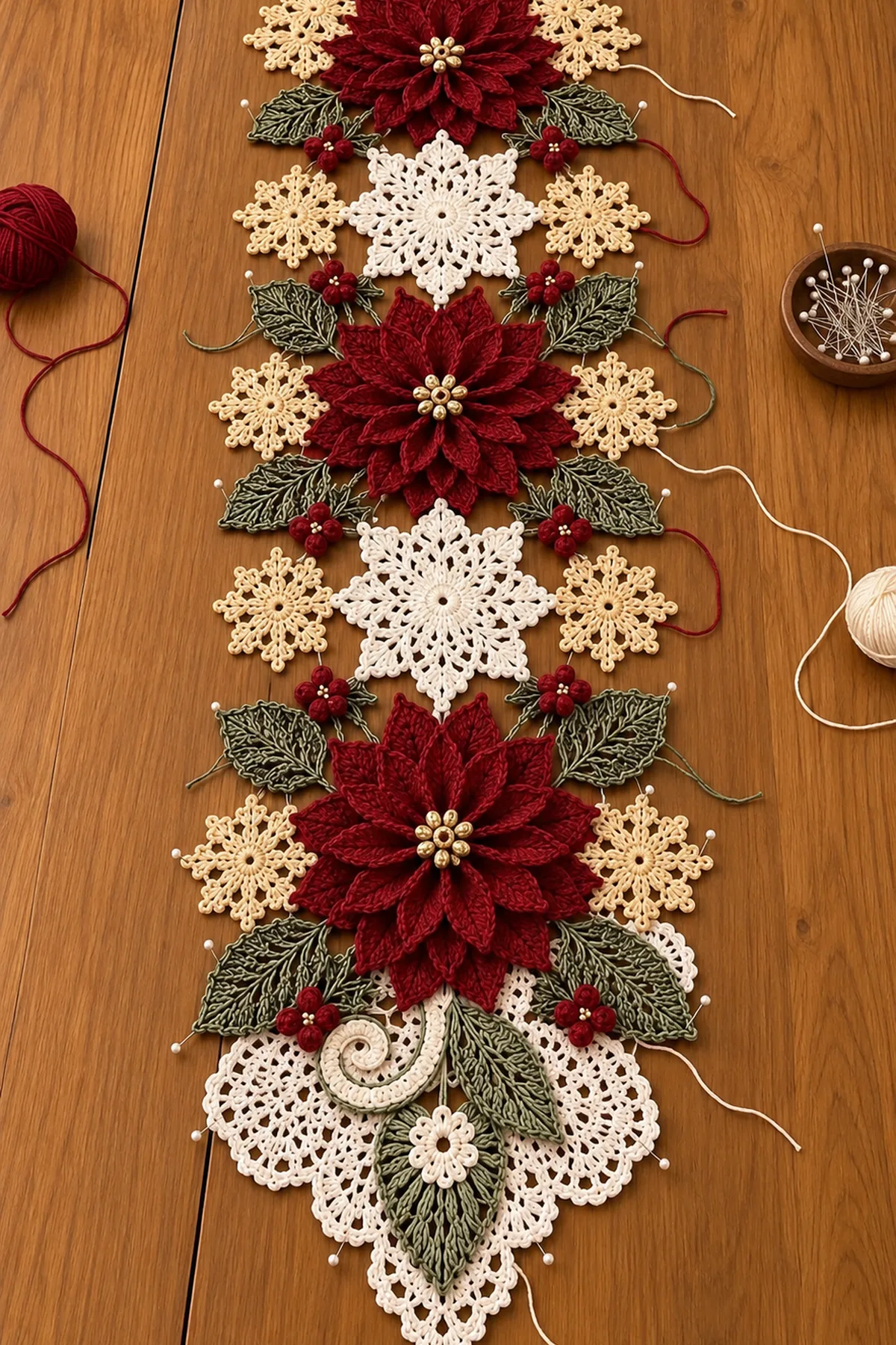 Three snowflakes and three poinsettias arranged in the reference alternating layout above the lower lace flourish