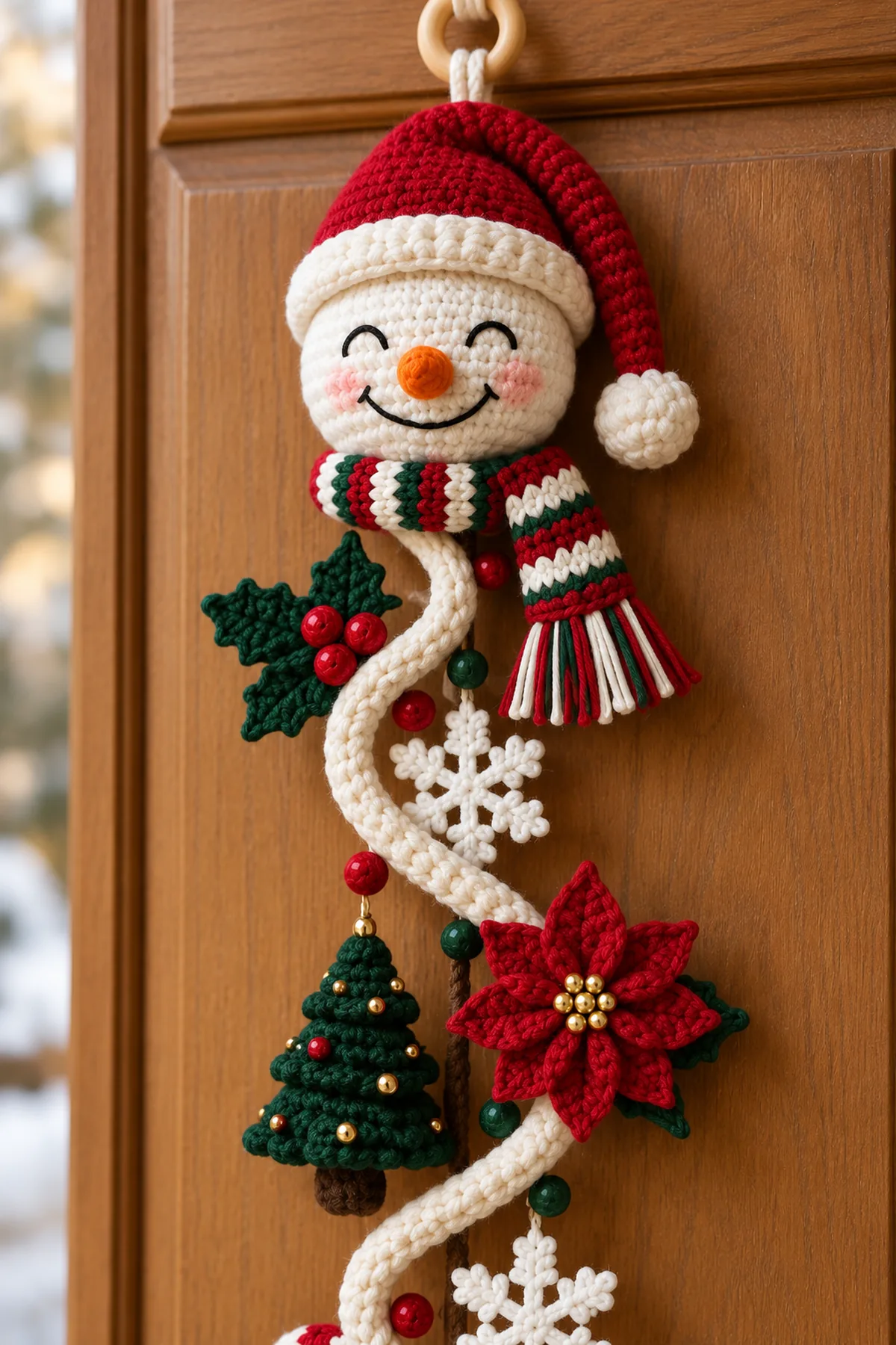 Close view of smiling crochet snowman face Santa hat striped scarf cream spiral holly poinsettia and snowflake