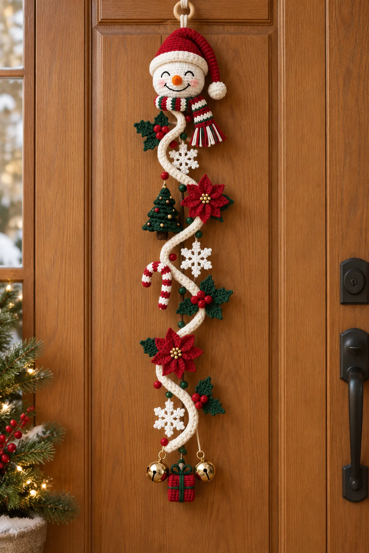 Christmas snowman crochet spiral door hanger with Santa hat scarf cream curves holiday appliques gift and two gold bells