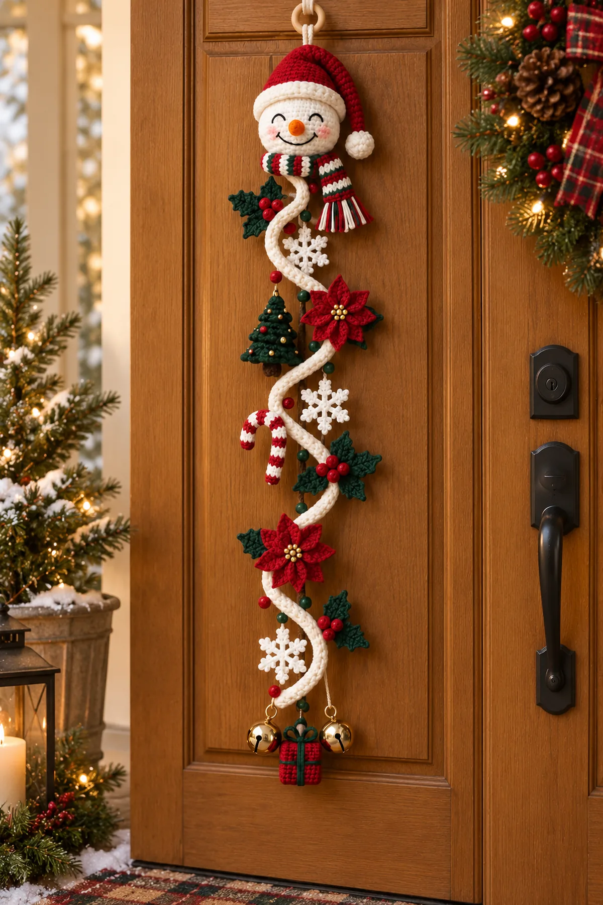 Finished Christmas snowman spiral crochet door hanger displayed vertically on a warm wooden front door
