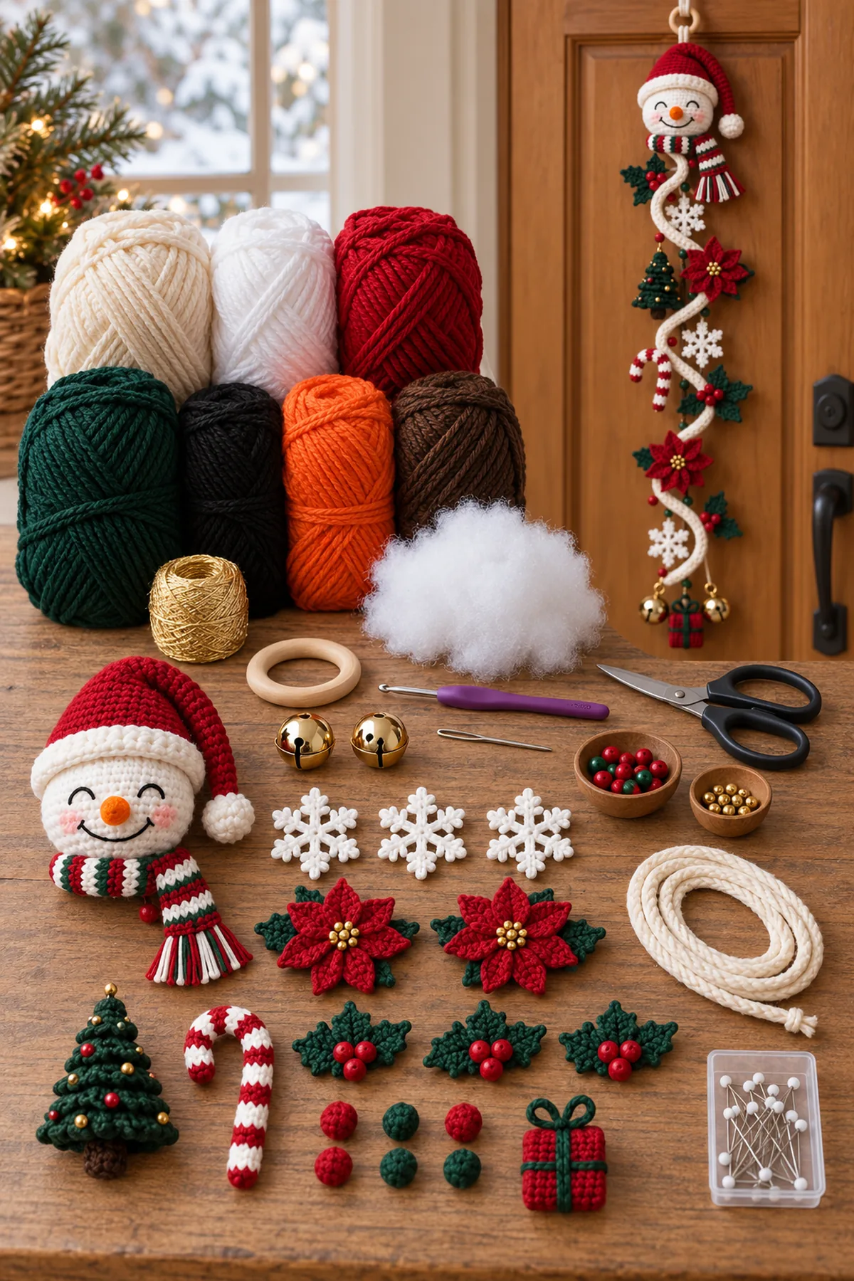 Cream white red green black orange brown and gold yarn with crochet hook fiberfill wooden ring bells needle scissors and markers