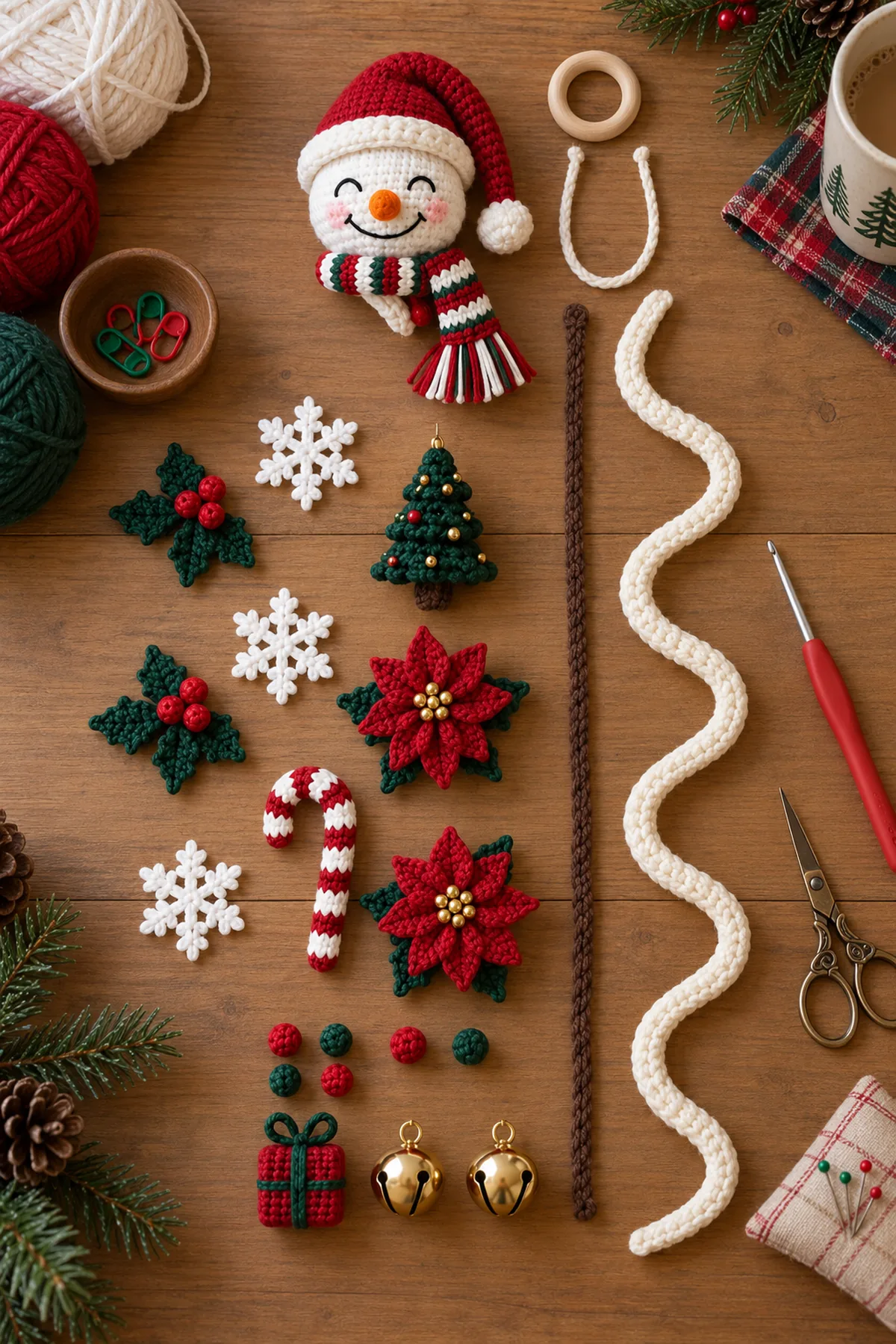 Stuffed crochet snowman head with red Santa hat striped scarf brown support cord and cream strip