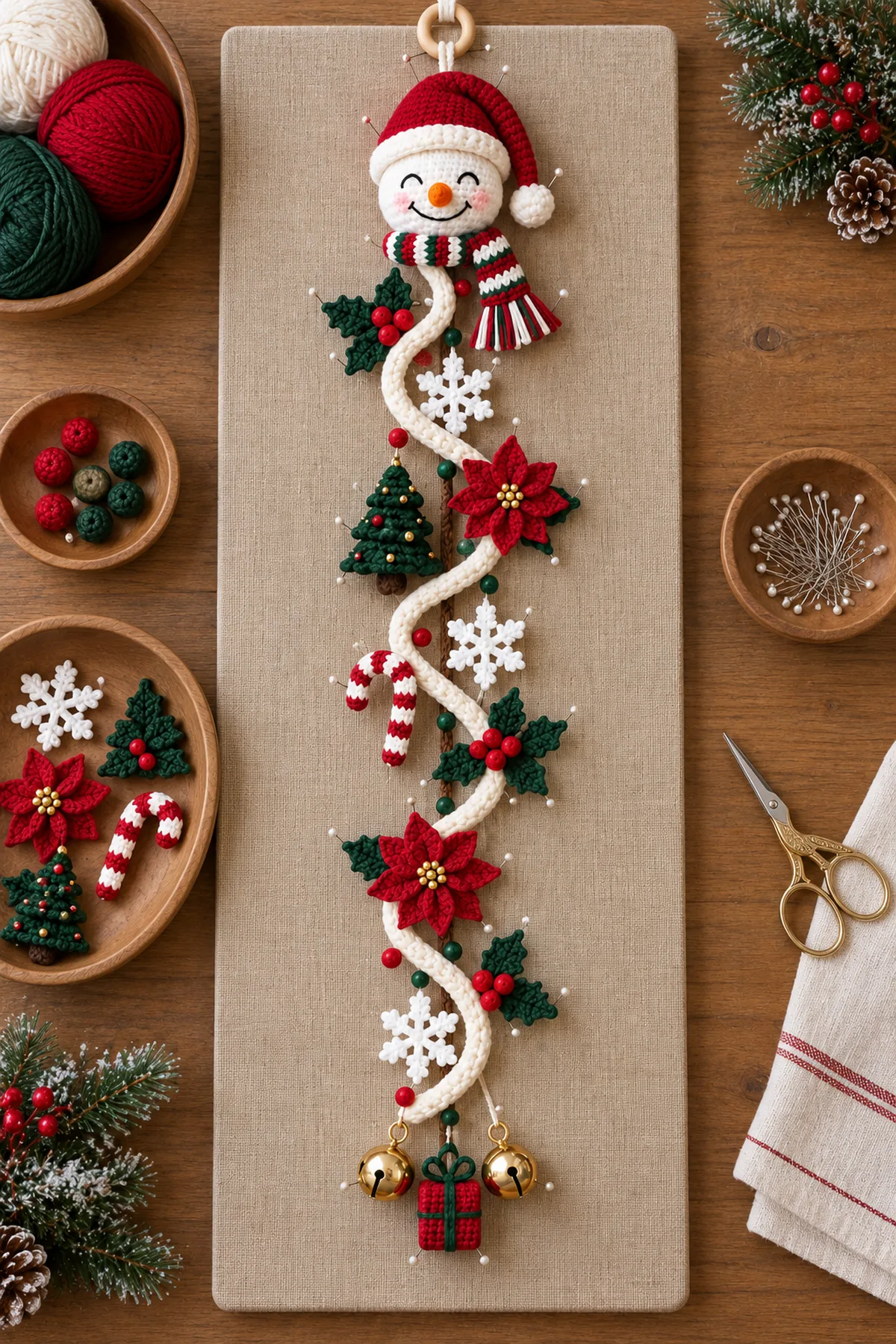 Cream four-curve spiral pinned with three snowflakes two poinsettias three holly clusters tree candy cane and accent bobbles