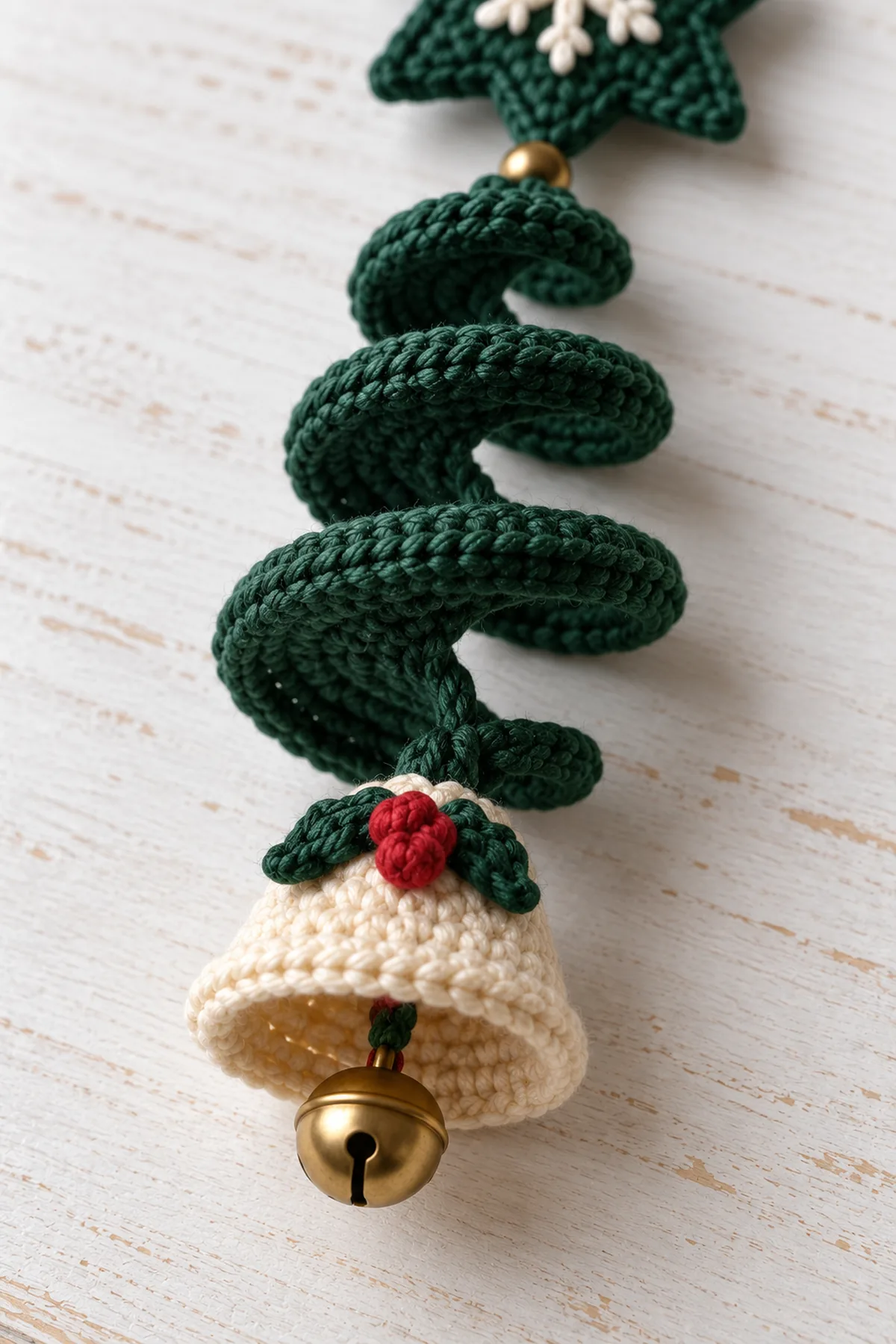 Close view of ivory crochet bell green holly leaves red berries and antique brass jingle bell