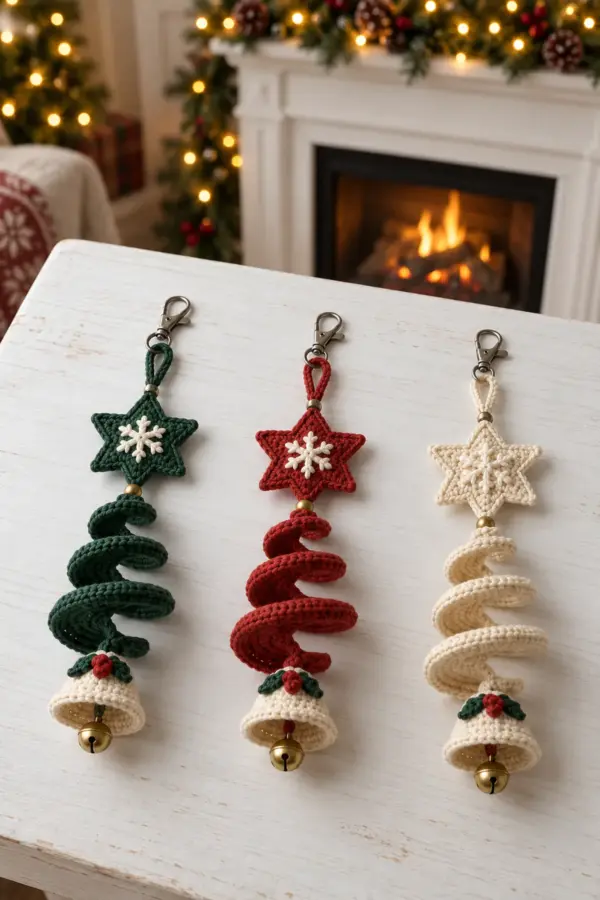Three Christmas spiral bell crochet keychain ornaments in forest green brick red and ivory