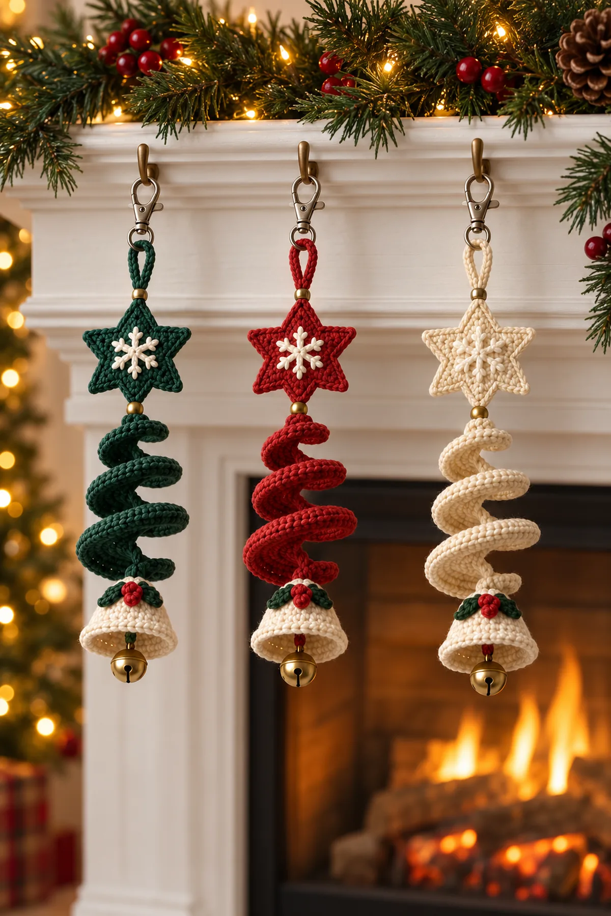 Three finished Christmas spiral bell keychain ornaments hanging against warm holiday lights