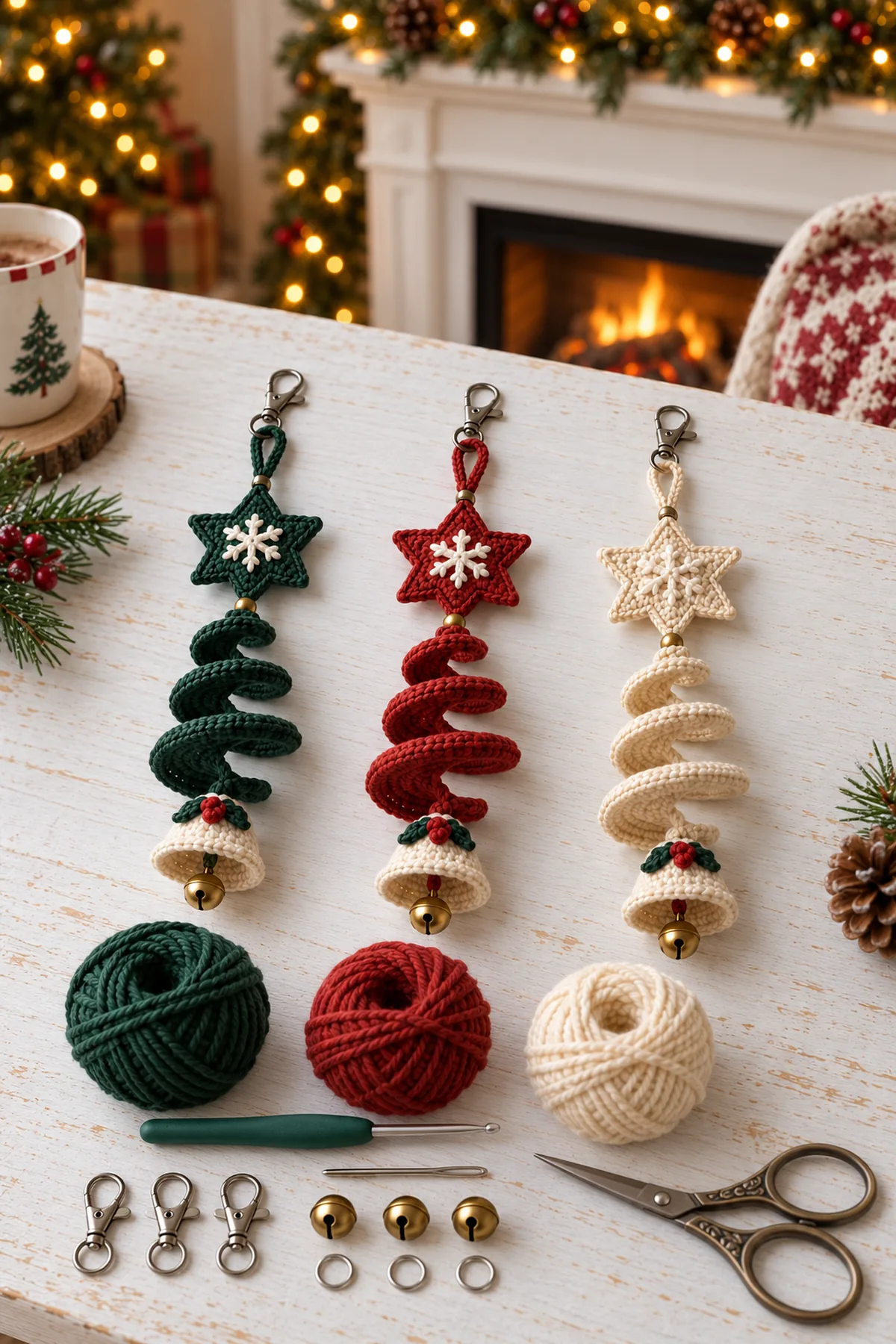 Green red and ivory DK yarn with hook silver clasps brass bells jump rings needle and scissors