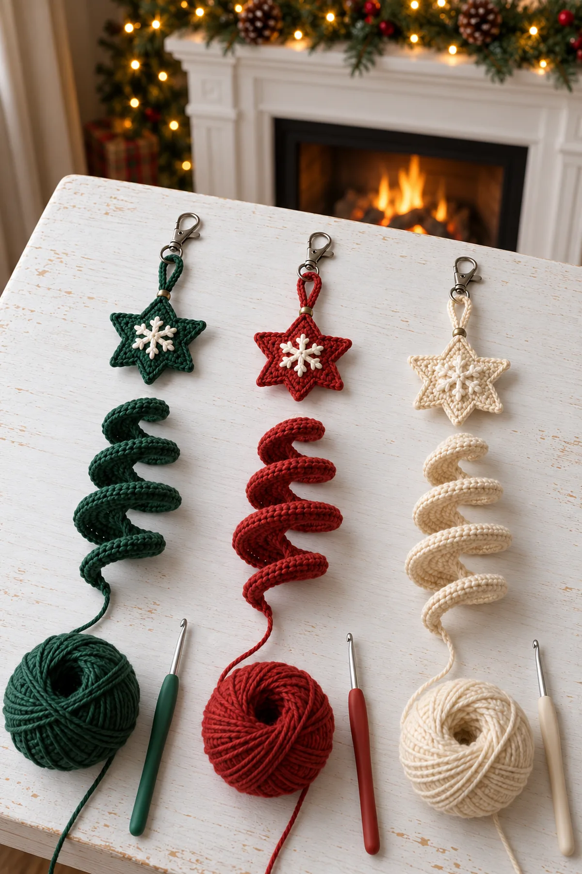 Green red and ivory five-point crochet stars beside three graduated spiral strips