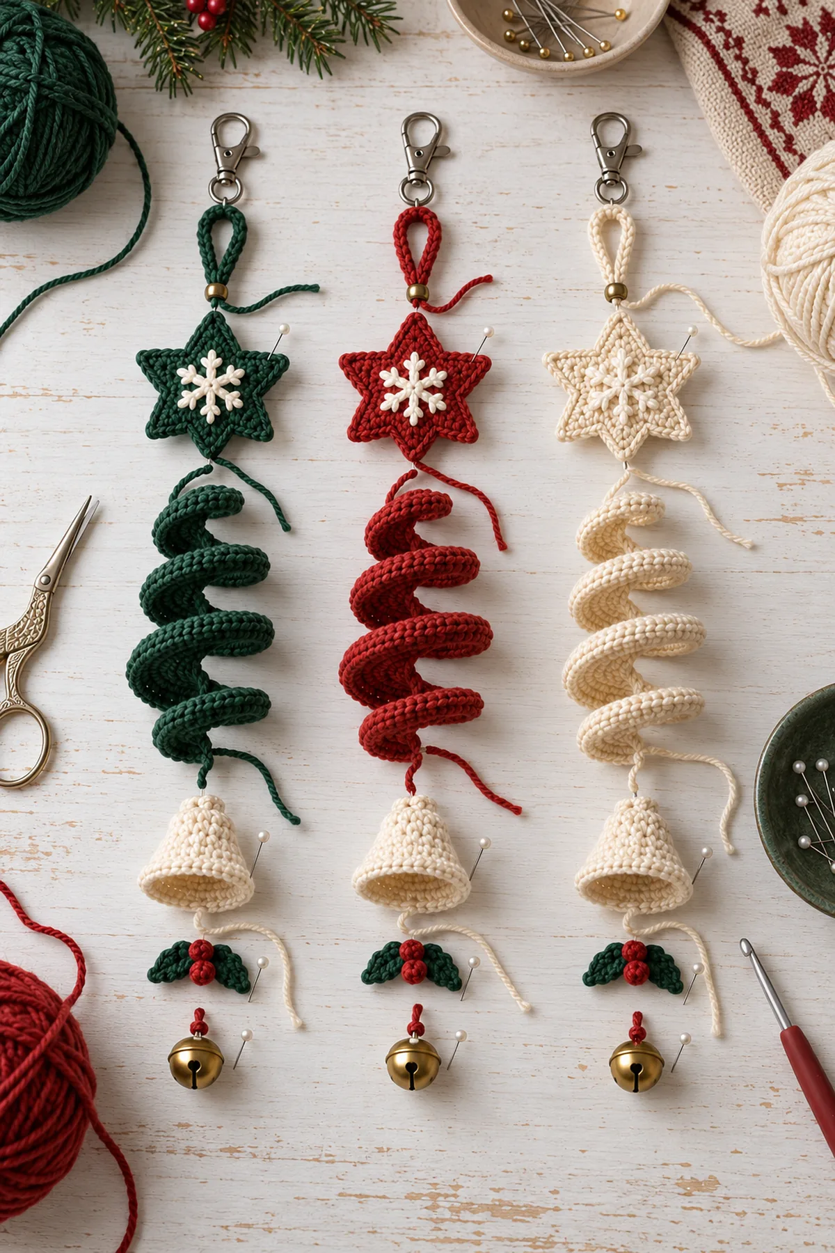 Three four-turn crochet spirals arranged with stars ivory bells holly leaves berries and keychain clasps