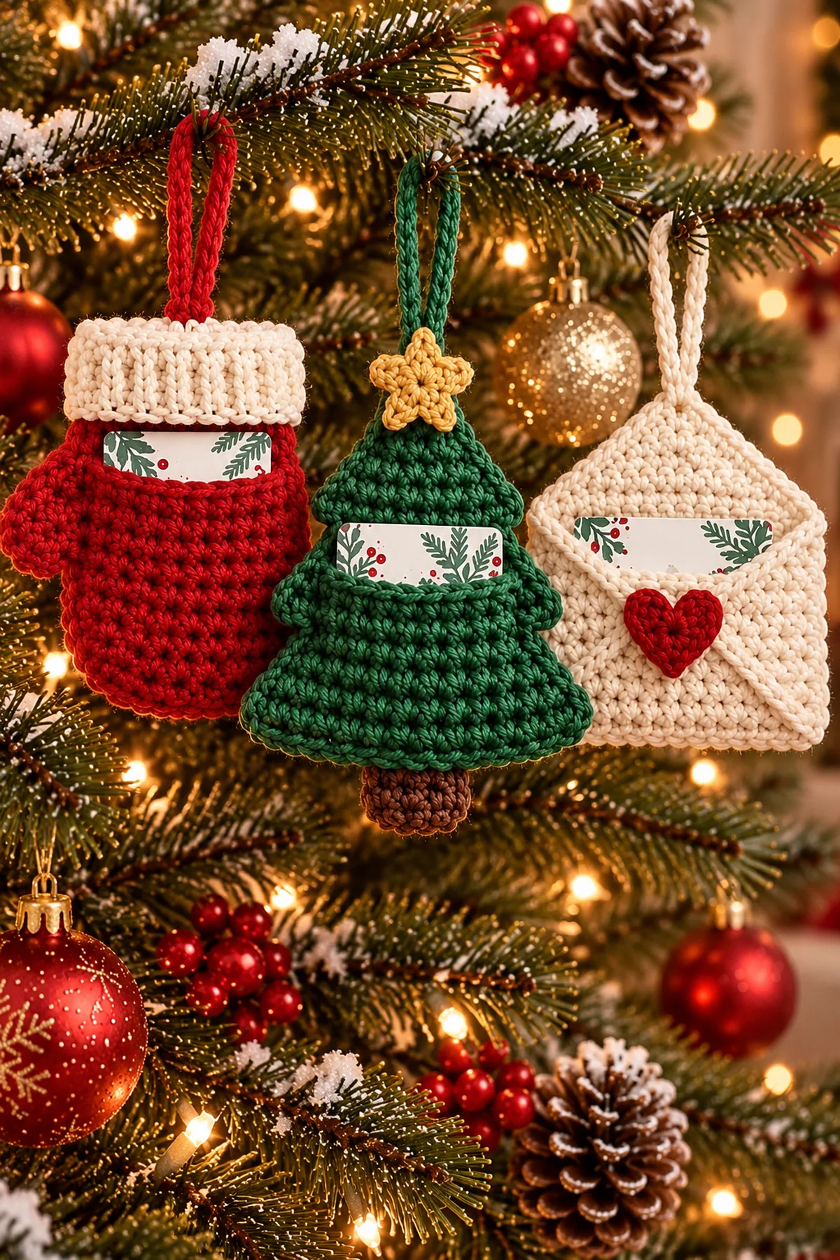 Close view of red mitten ribbed cream cuff layered green tree card slot gold star and cream envelope red heart