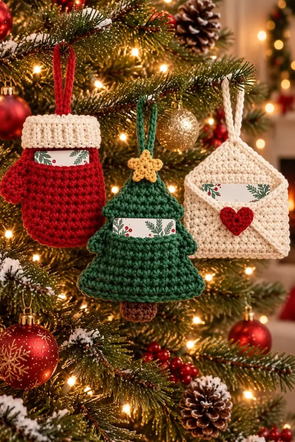 Three crochet Christmas gift card holder ornaments shaped as a red mitten green tree and cream envelope