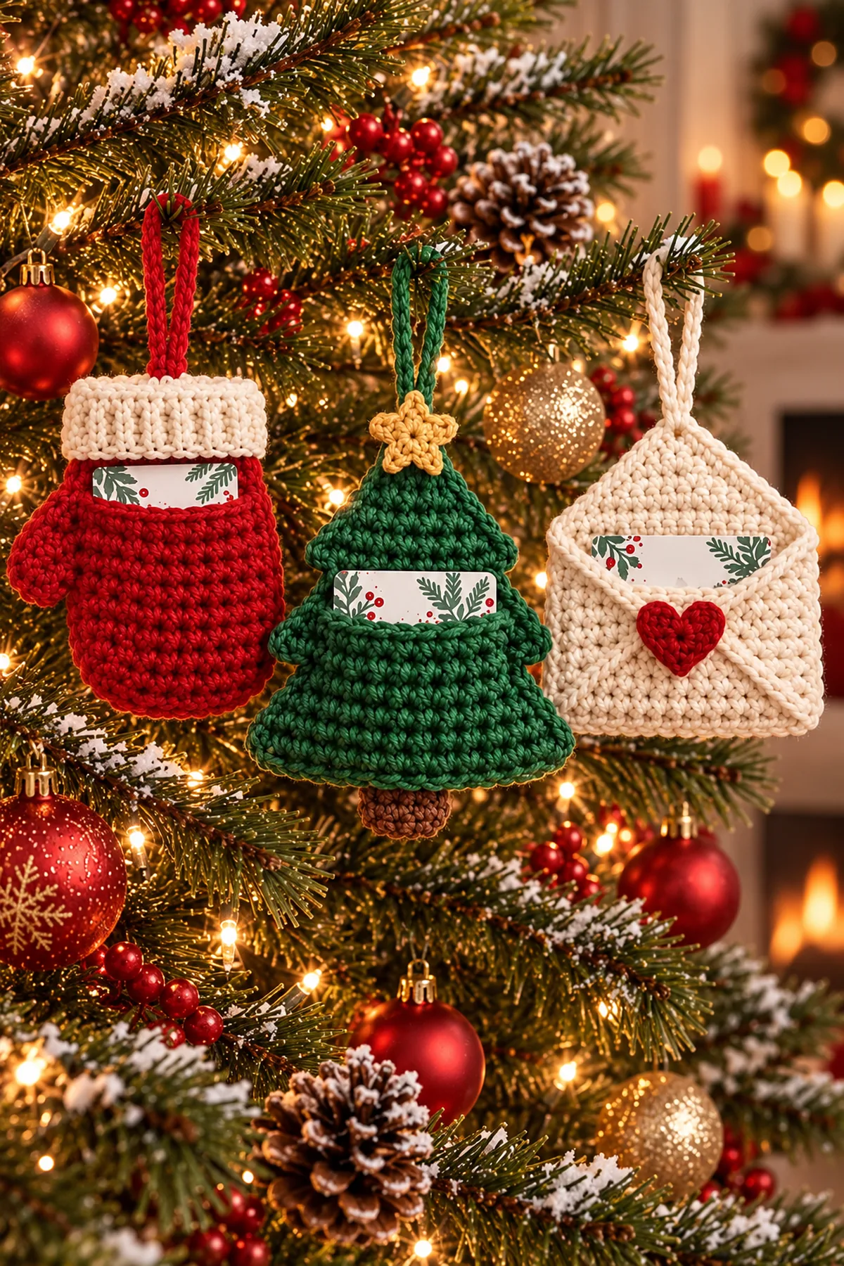 Finished mitten tree and envelope crochet gift card holder ornaments hanging together on a decorated Christmas tree