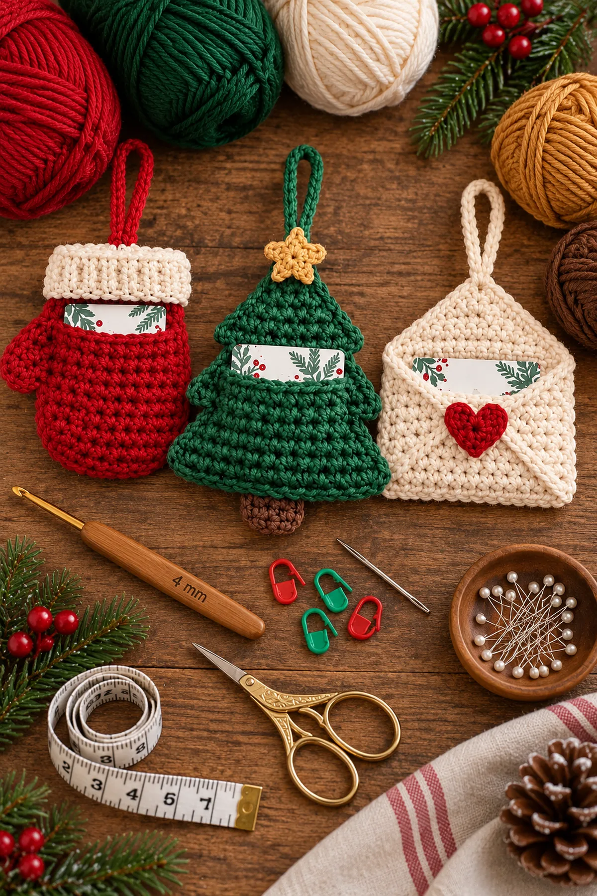 Red green cream gold and brown yarn with hook gift cards needle scissors markers and blocking tools