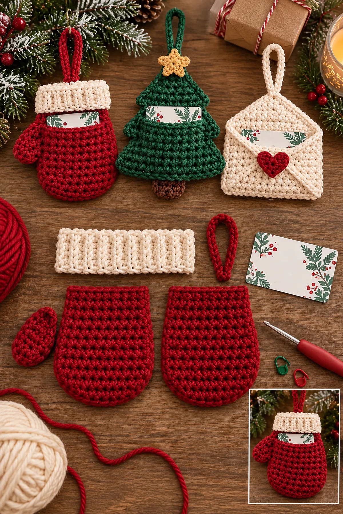 Red crochet mitten pocket pieces cream ribbed cuff thumb and red hanging loop beside a sample gift card