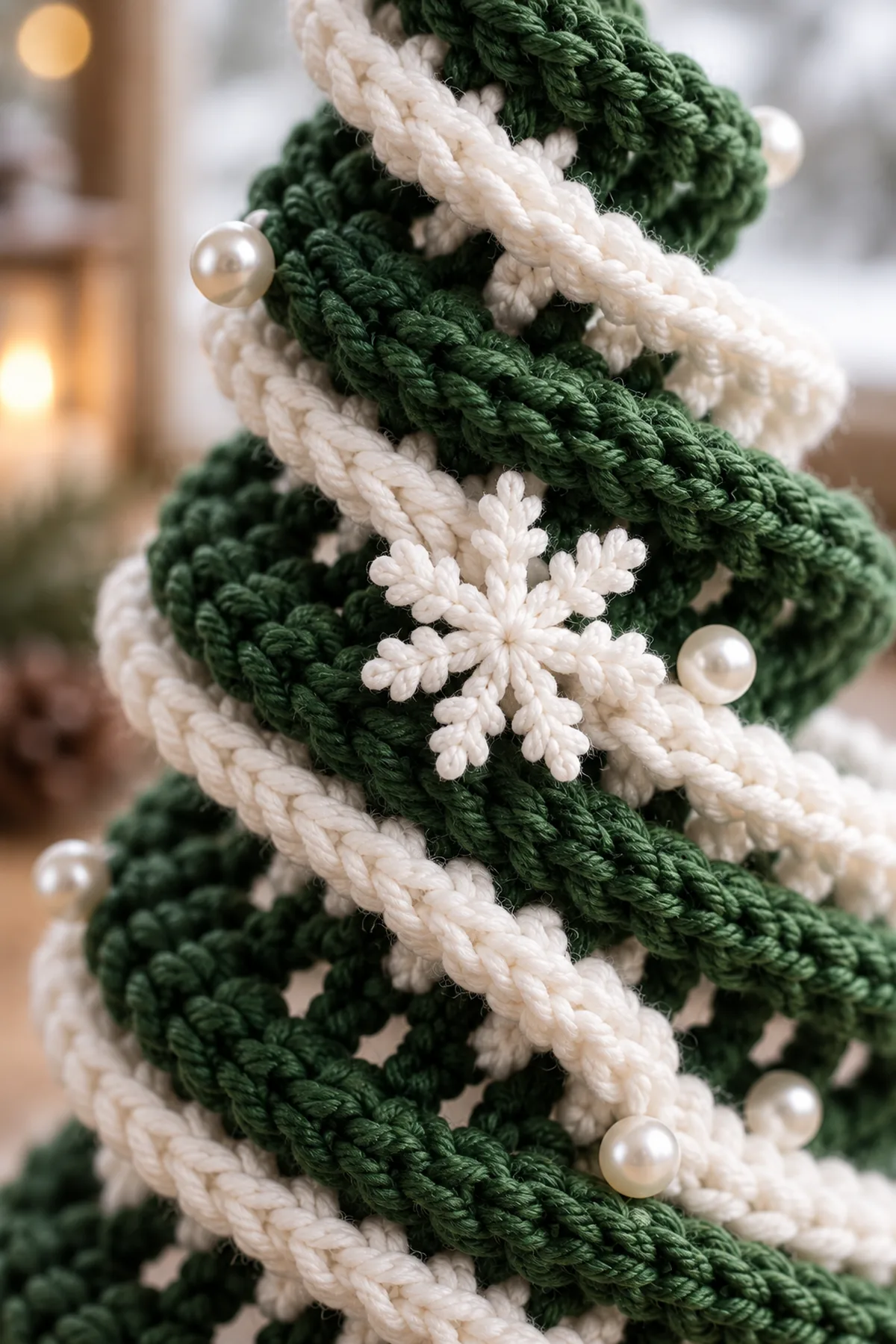 Close view of forest-green spiral stitches white snow edging pearl beads and one white crochet snowflake