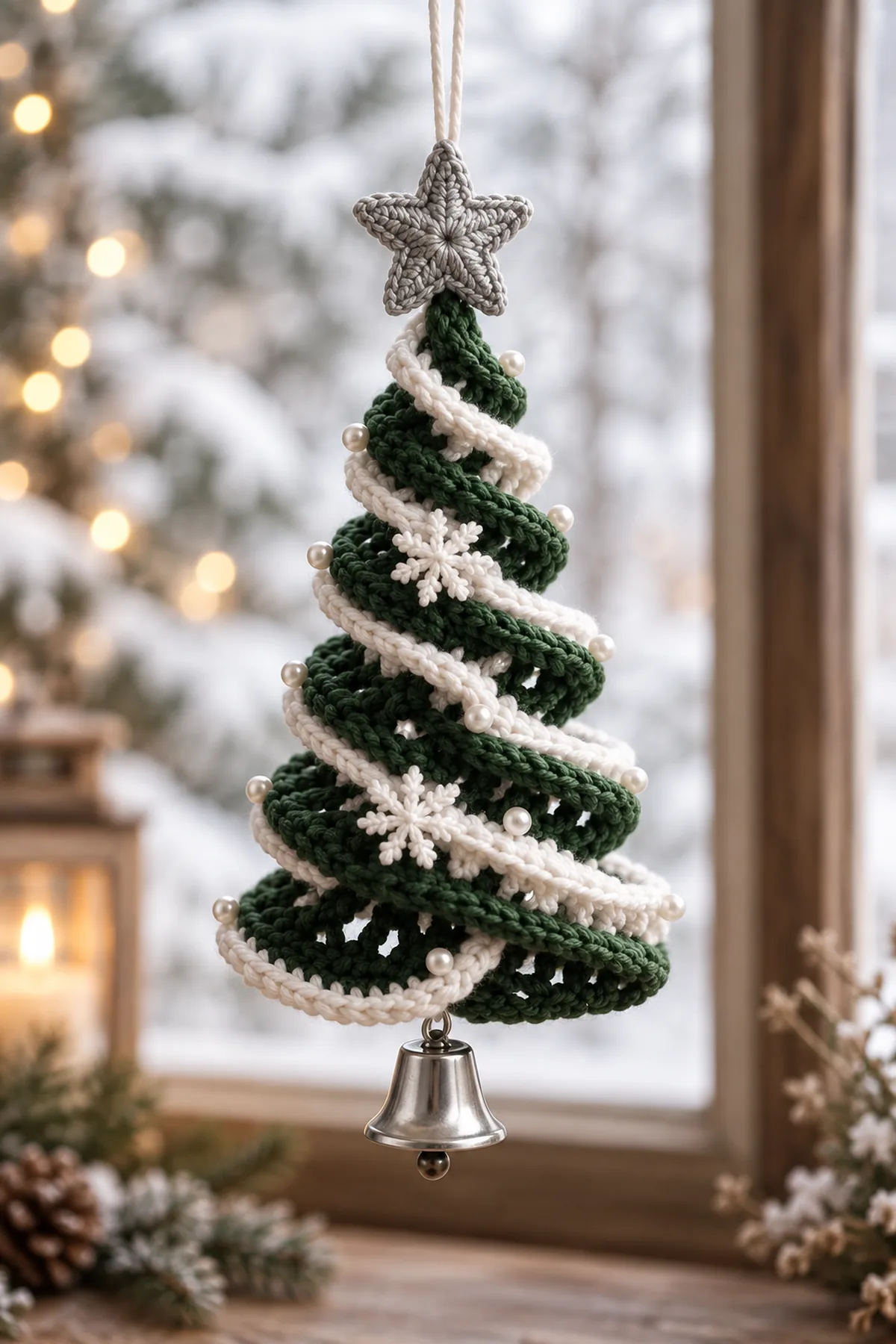Forest-green crochet Christmas spiral tree ornament with five white-edged turns silver-gray star snowflakes pearls and silver bell