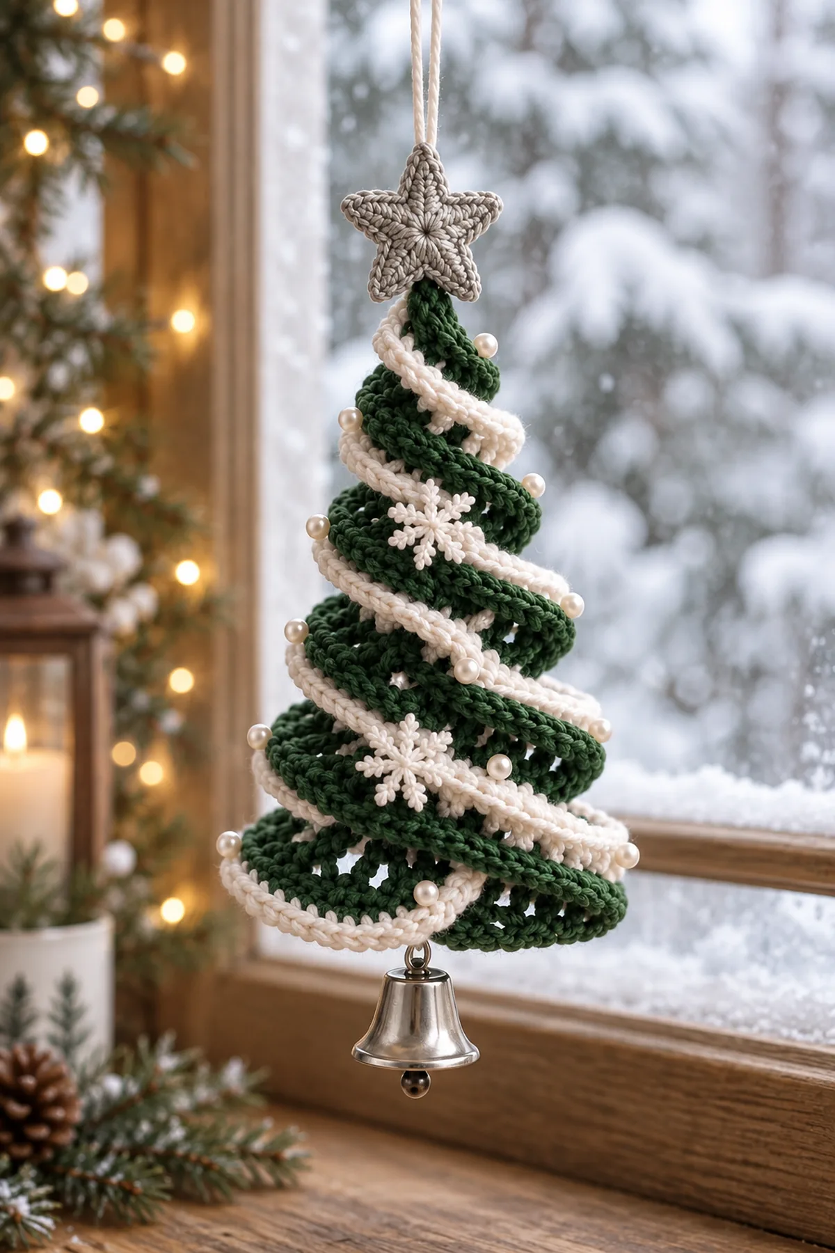 Finished green and white crochet Christmas spiral tree ornament with silver-gray star and silver bell hanging by a snowy window