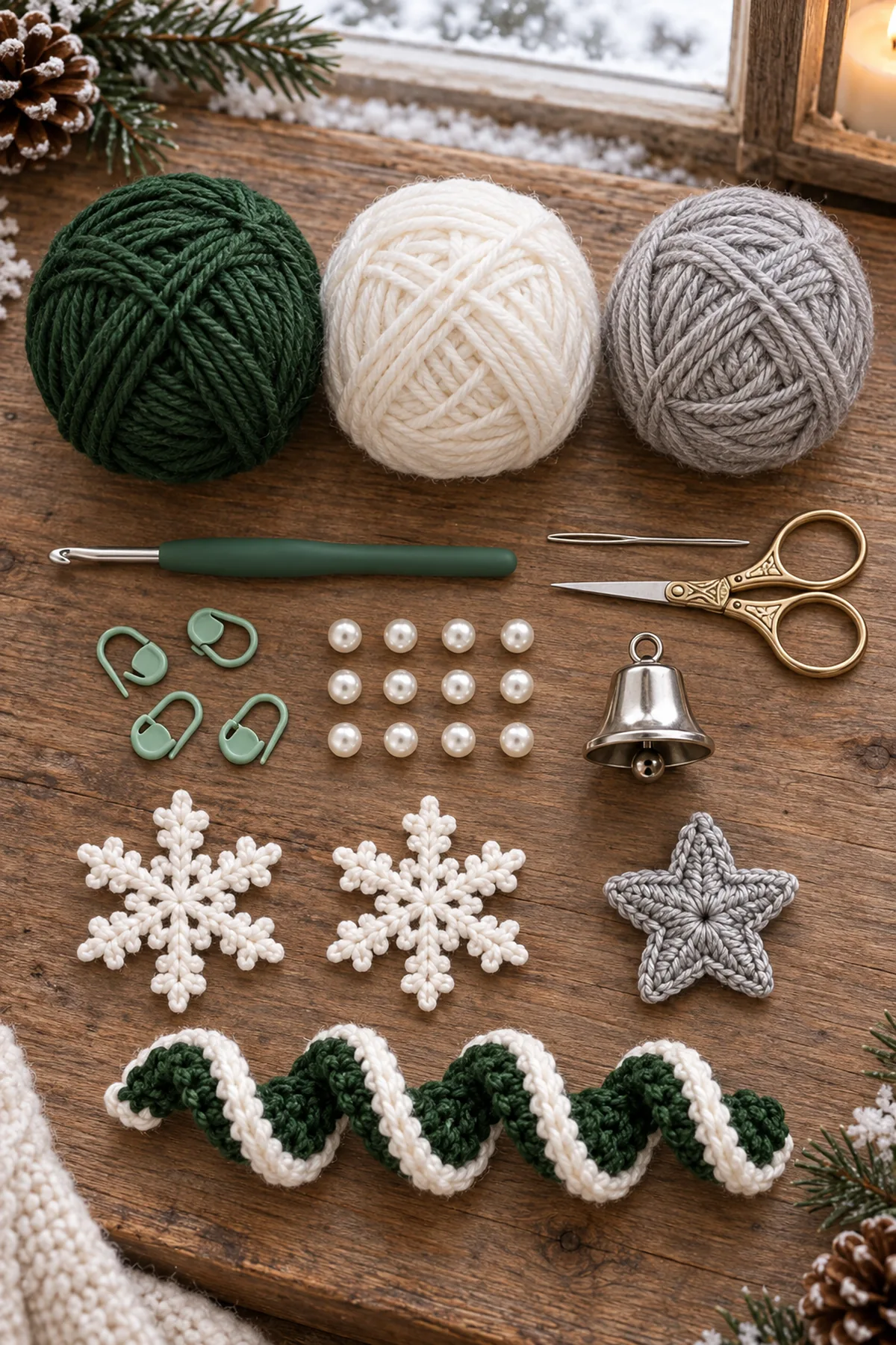 Forest-green white and silver-gray yarn with crochet hook twelve pearl beads silver bell needle markers and scissors