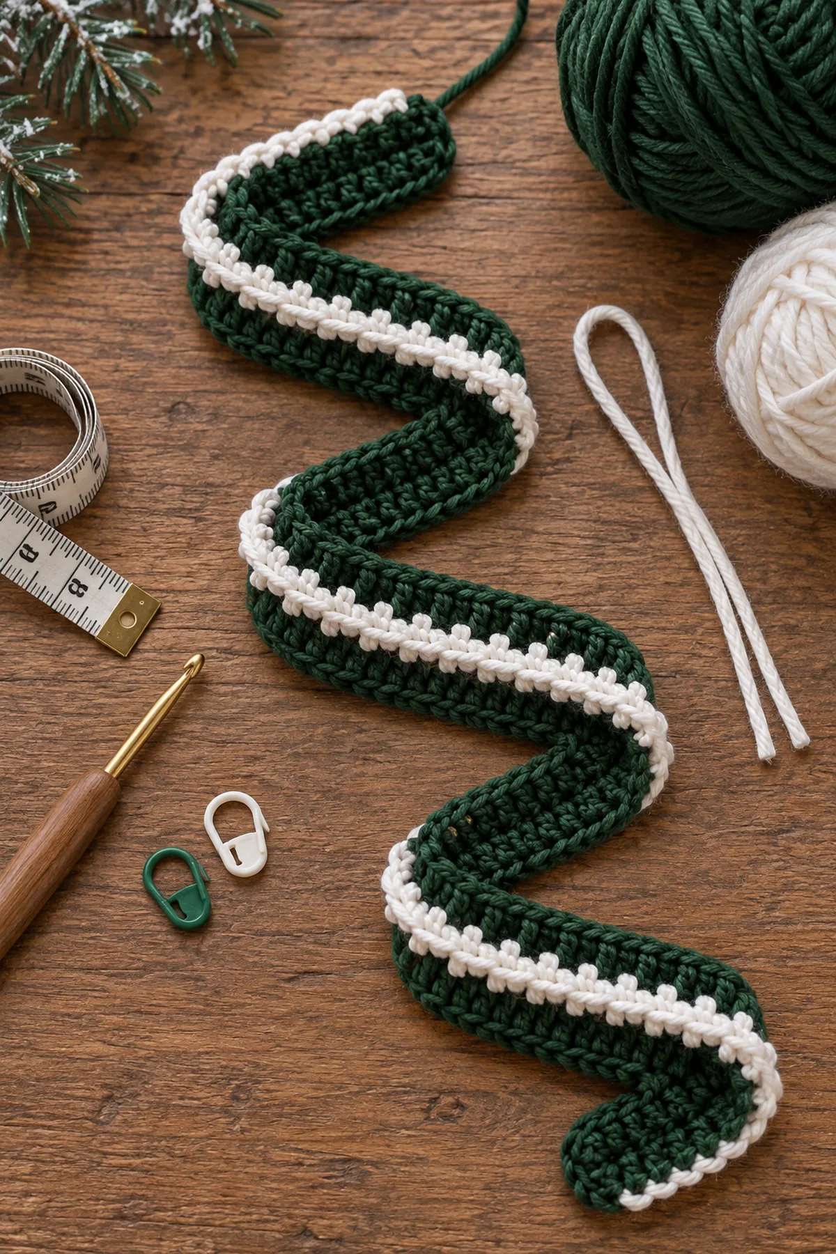 Long forest-green crochet ribbon with white picot edging beside a doubled white suspension cord