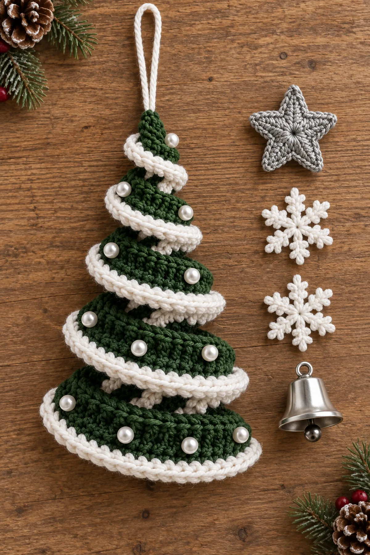 Five-turn forest-green crochet spiral tree pinned around its center cord before decorations are secured