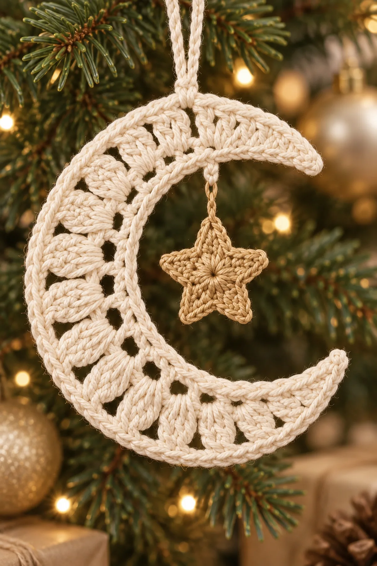 Close view of ivory radiating fan lace firm crescent edge and dangling gold crochet star