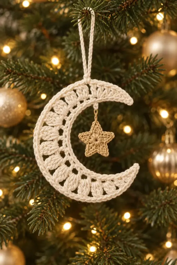 Ivory crochet crescent moon Christmas ornament with open radial lace and one dangling gold star