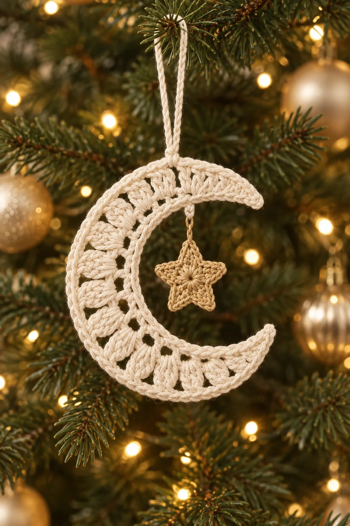 Ivory crochet crescent moon Christmas ornament with open radial lace and one dangling gold star